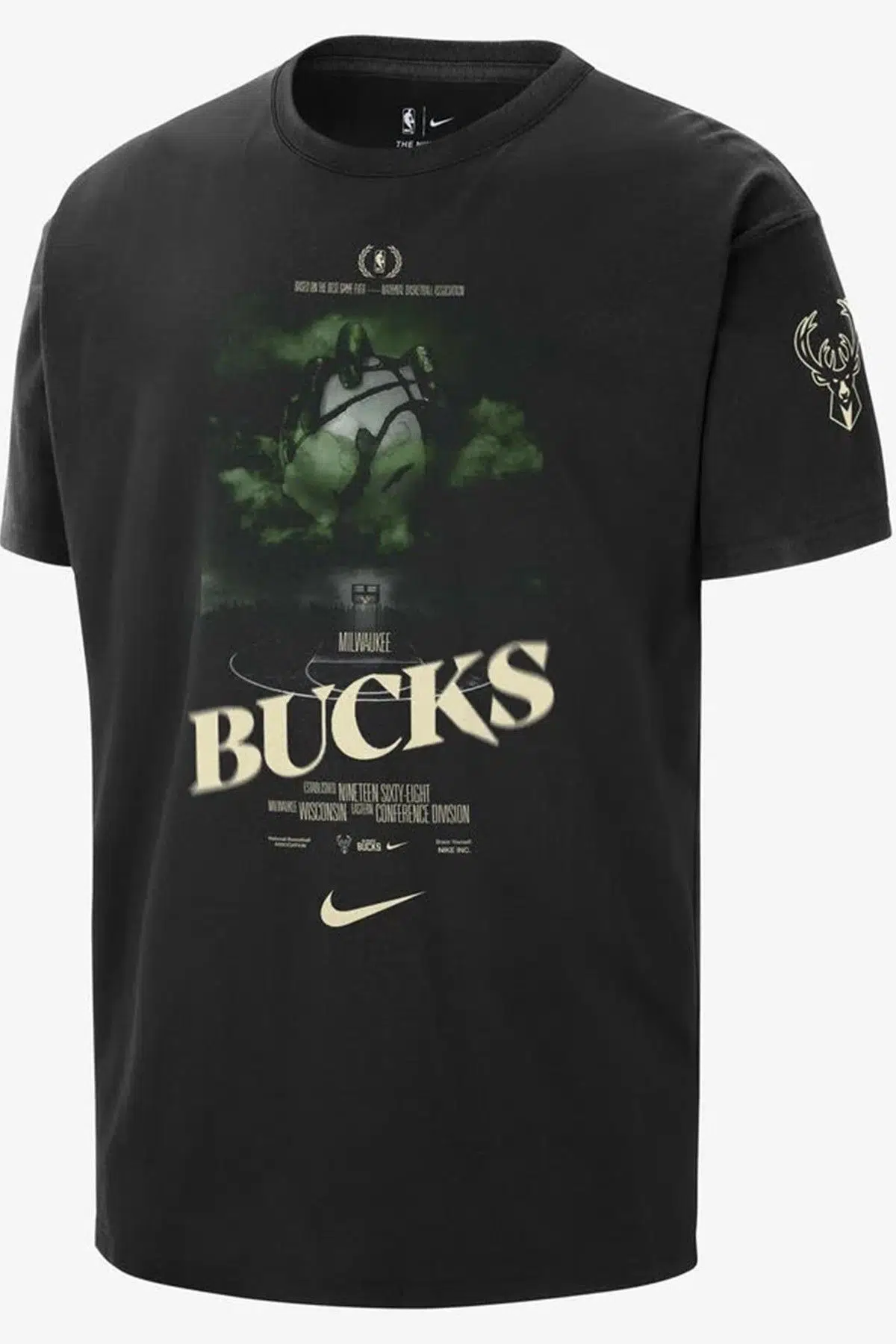 Nike NBA Milwaukee Bucks Courtside Loose Fit T-Shirt Erkek Bol Kesim Pamuklu Logolu Tişört Siyah
