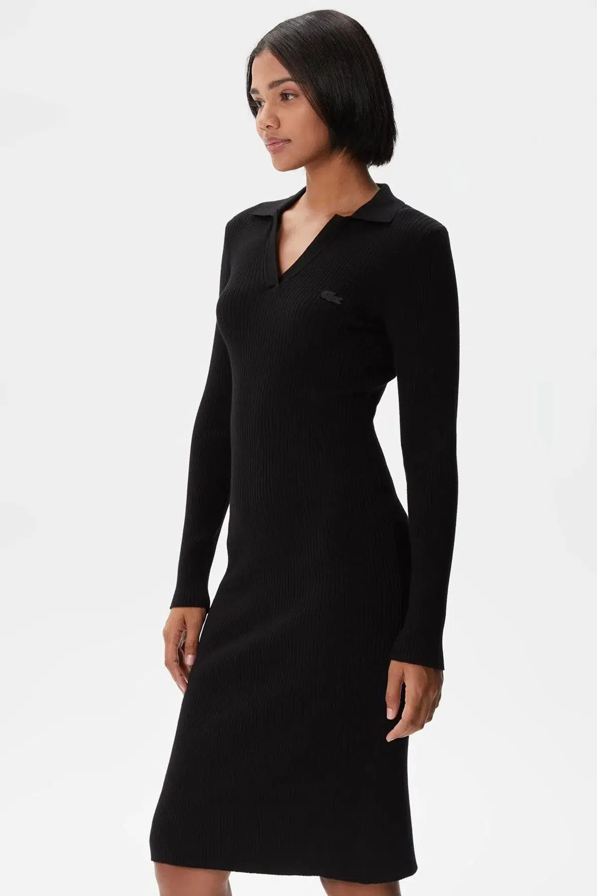 Lacoste Slim Fit V Neck Ribbed Dress Kadın Dar Kesim V Yaka Elbise Siyah