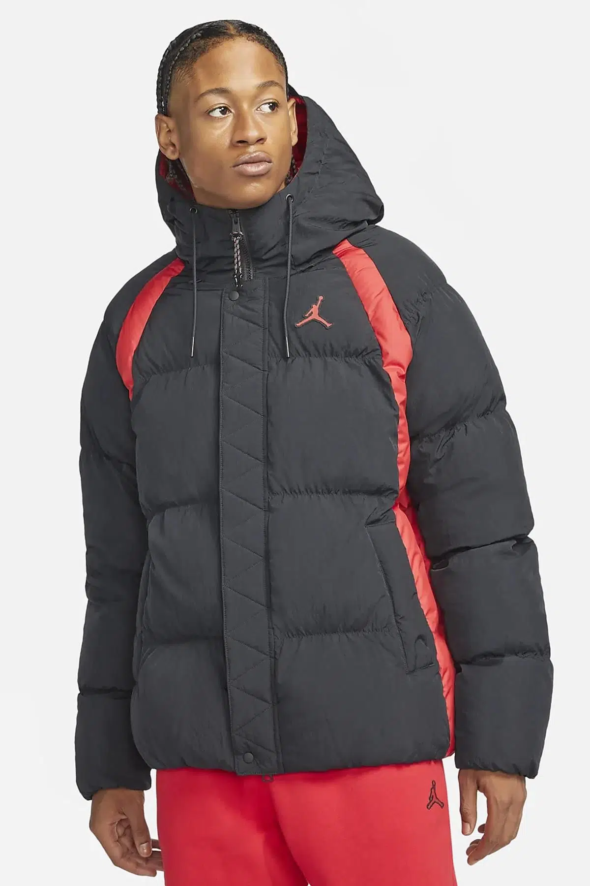 Nike Jordan Essentials Puffer Full Zip Hoodie Jacket Erkek Kapüşonlu Şişme Mont Siyah Kırmızı