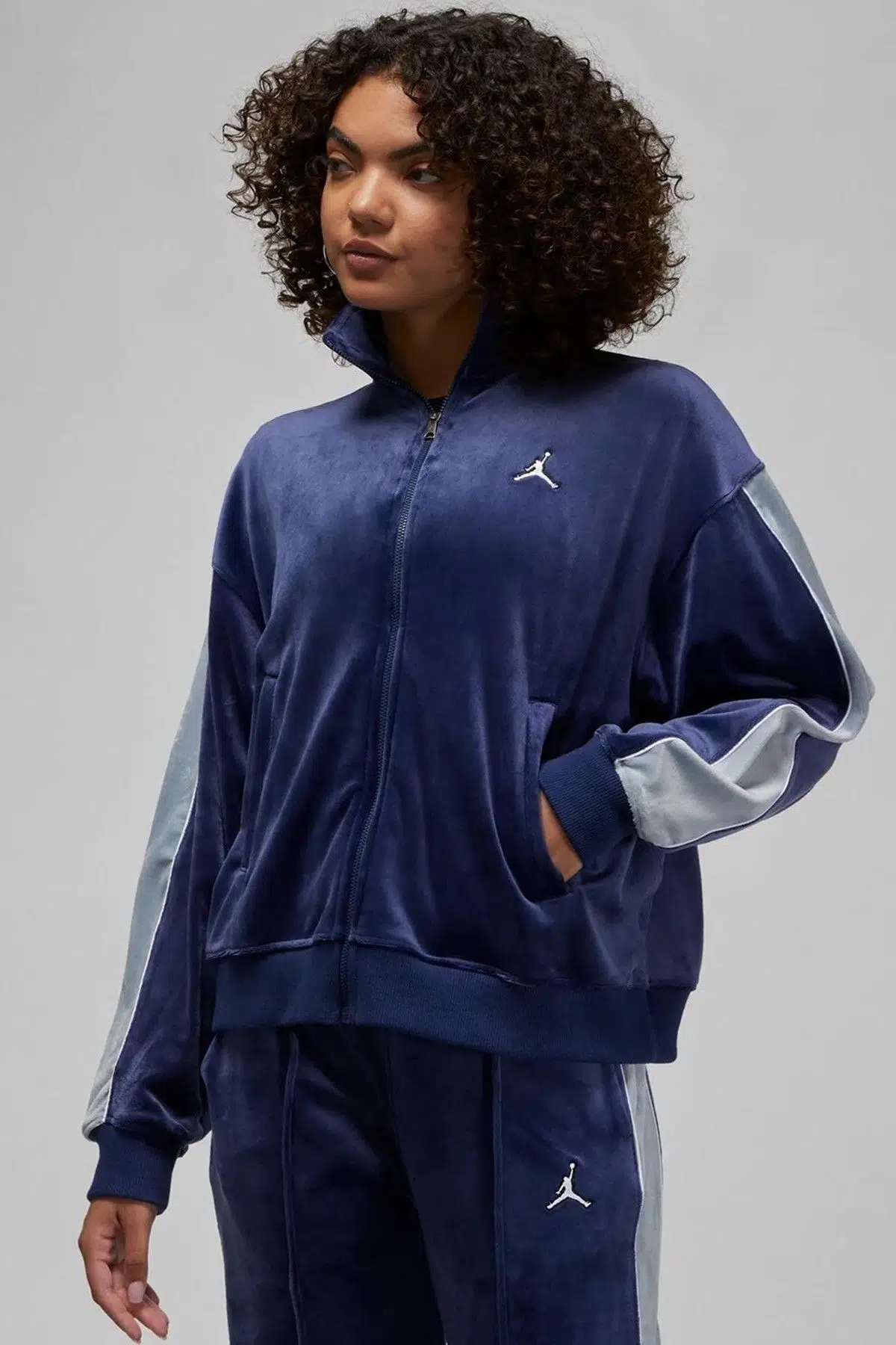Nike Jordan Flight Full Zıp Velaur Womens Sweatshirt Oversize Kadife Kadın Sweatshirt Lacivert