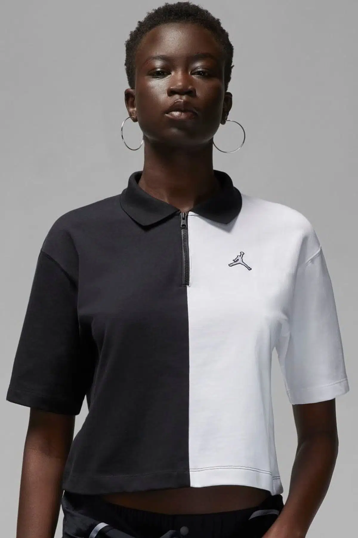 Nike Jordan Flight Loose Fit 1/4 Zip T-shirt Kadın 1/4 Fermuar Gömlek Yakalı Bol Kalıp Kısa Tişört Siyah Beyaz