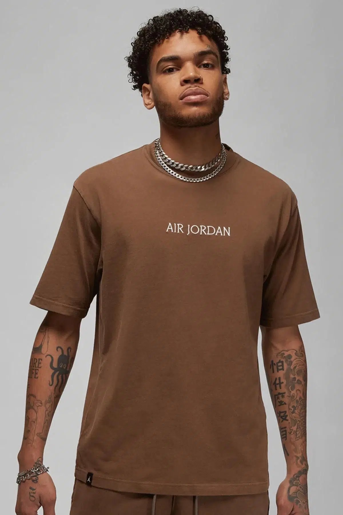 Nike Air Jordan Jumpman Wordmark Unisex Brown Tee Air Jordan Nakış Logolu Pamuk Tişört Kahverengi