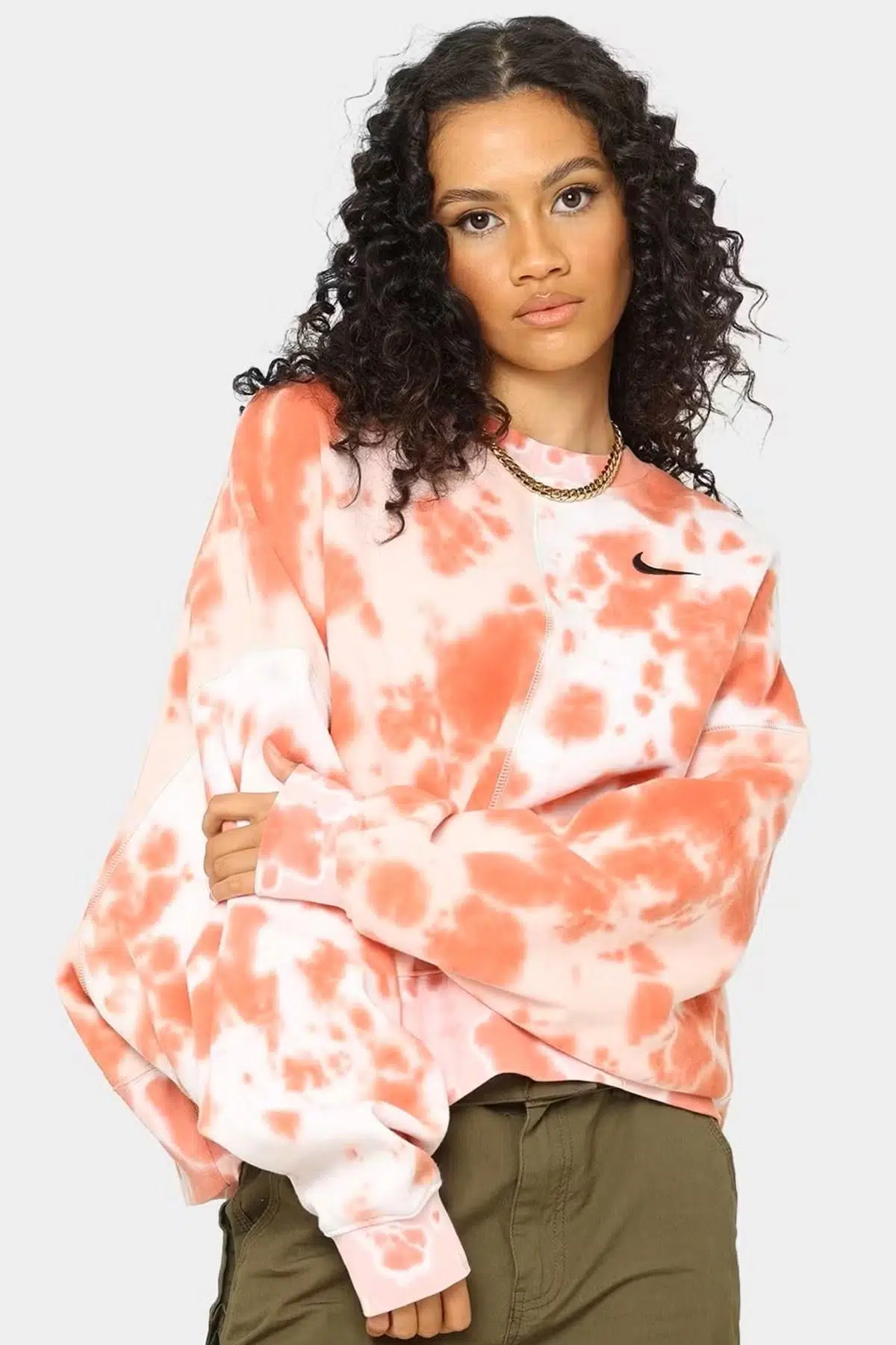 Nike Sportswear Oversized Fleece Tie Dye Crewneck Kadın Geniş Kalıp Sweatshirt Beyaz Pembe