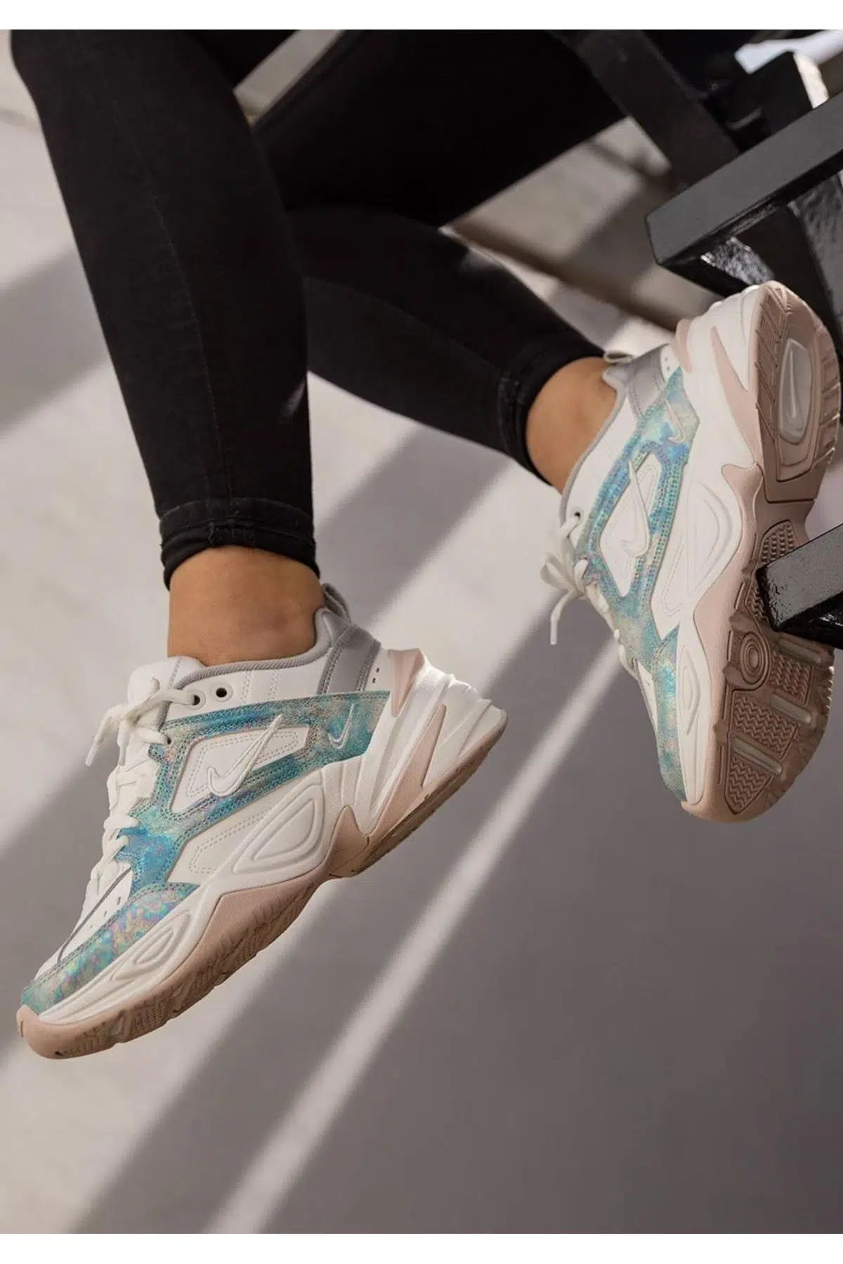 Nike M2K Tekno Leather Unisex Sneaker Hakiki Deri Spor Ayakkabı Beyaz Simli Mavi Yükseklik 4cm