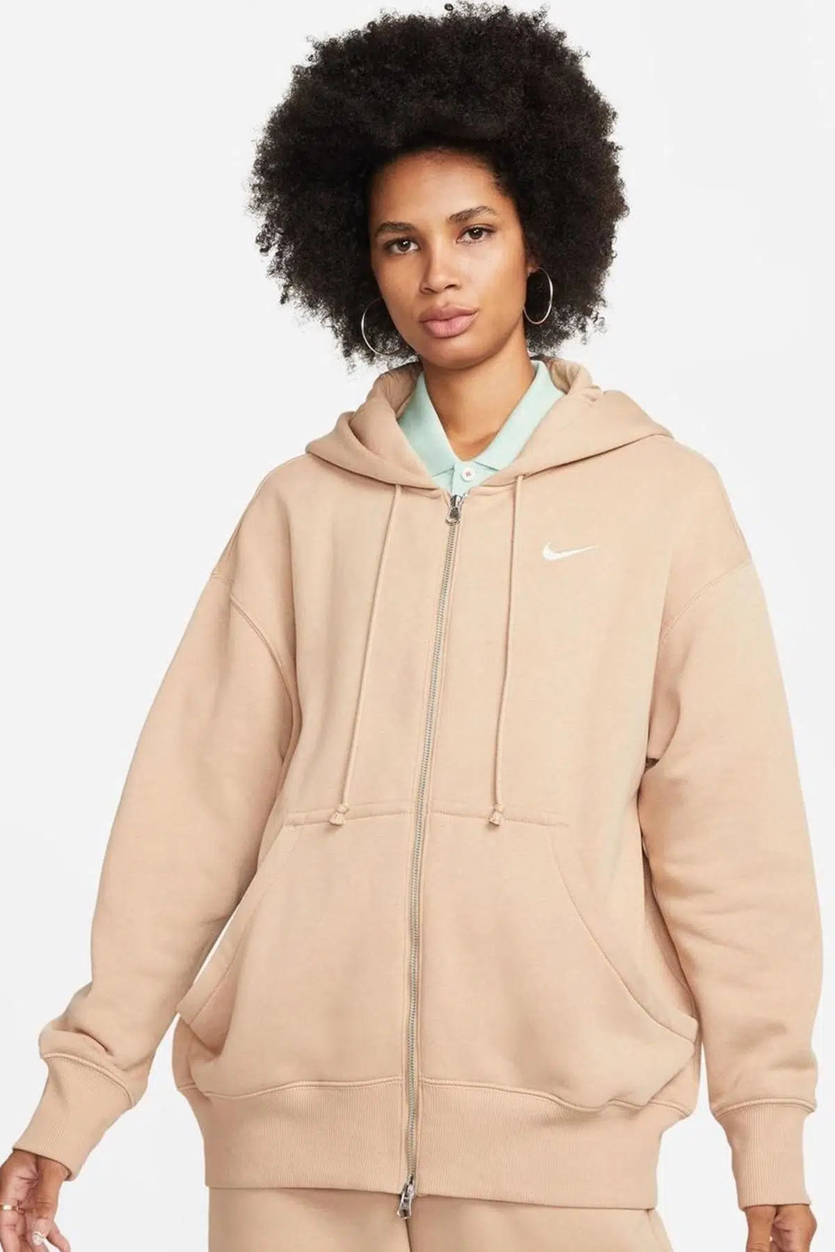 Nike Sportswear Phoenix Fleece Oversized Hoodie Full Zip Bol Kesim Kapüşonlu Kadın Sweatshirt Bej