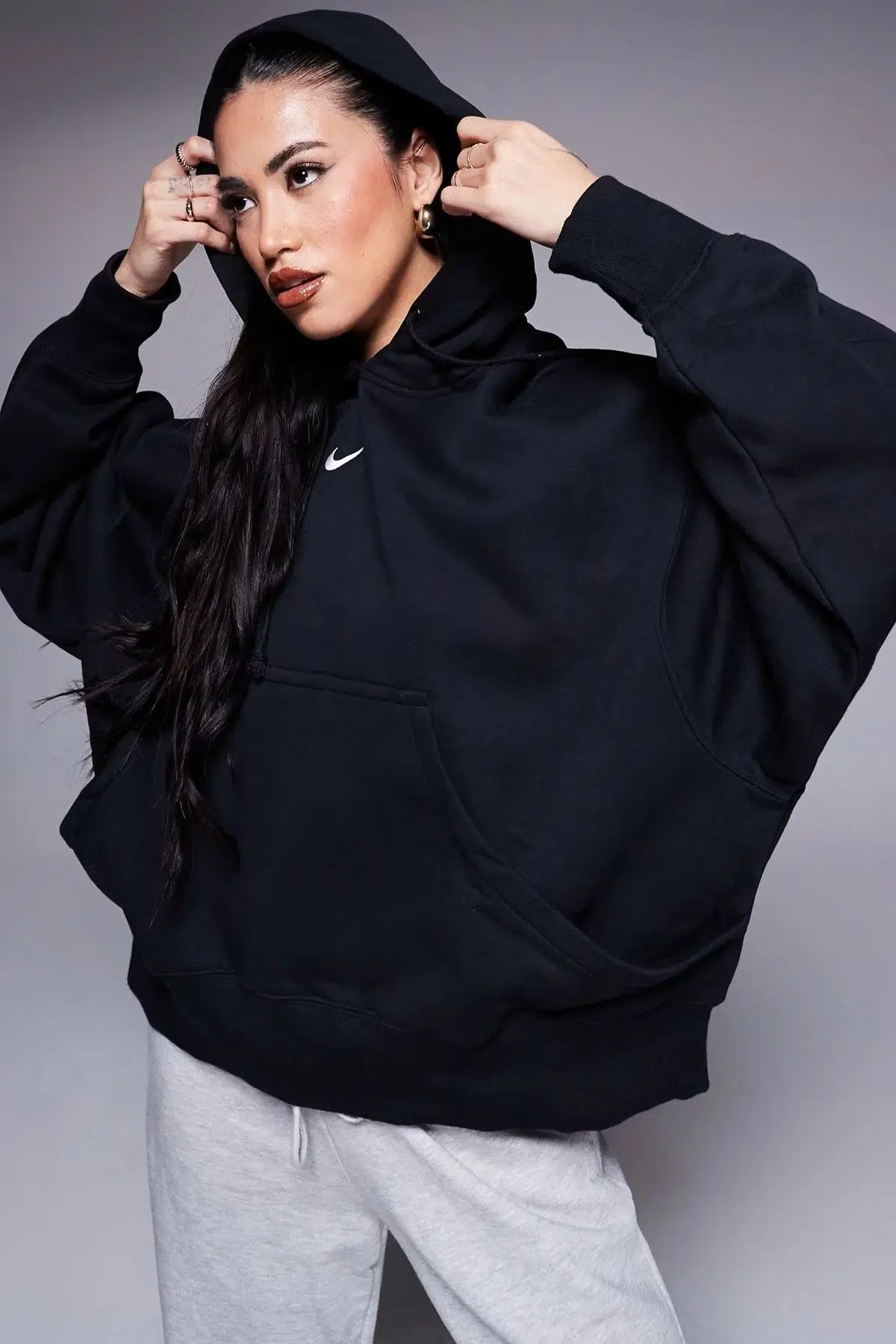 Nike Mini Swoosh Oversized Hoodie Black Hoodie Kadın Oversize Kapüşonlu Sweatshirt Siyah