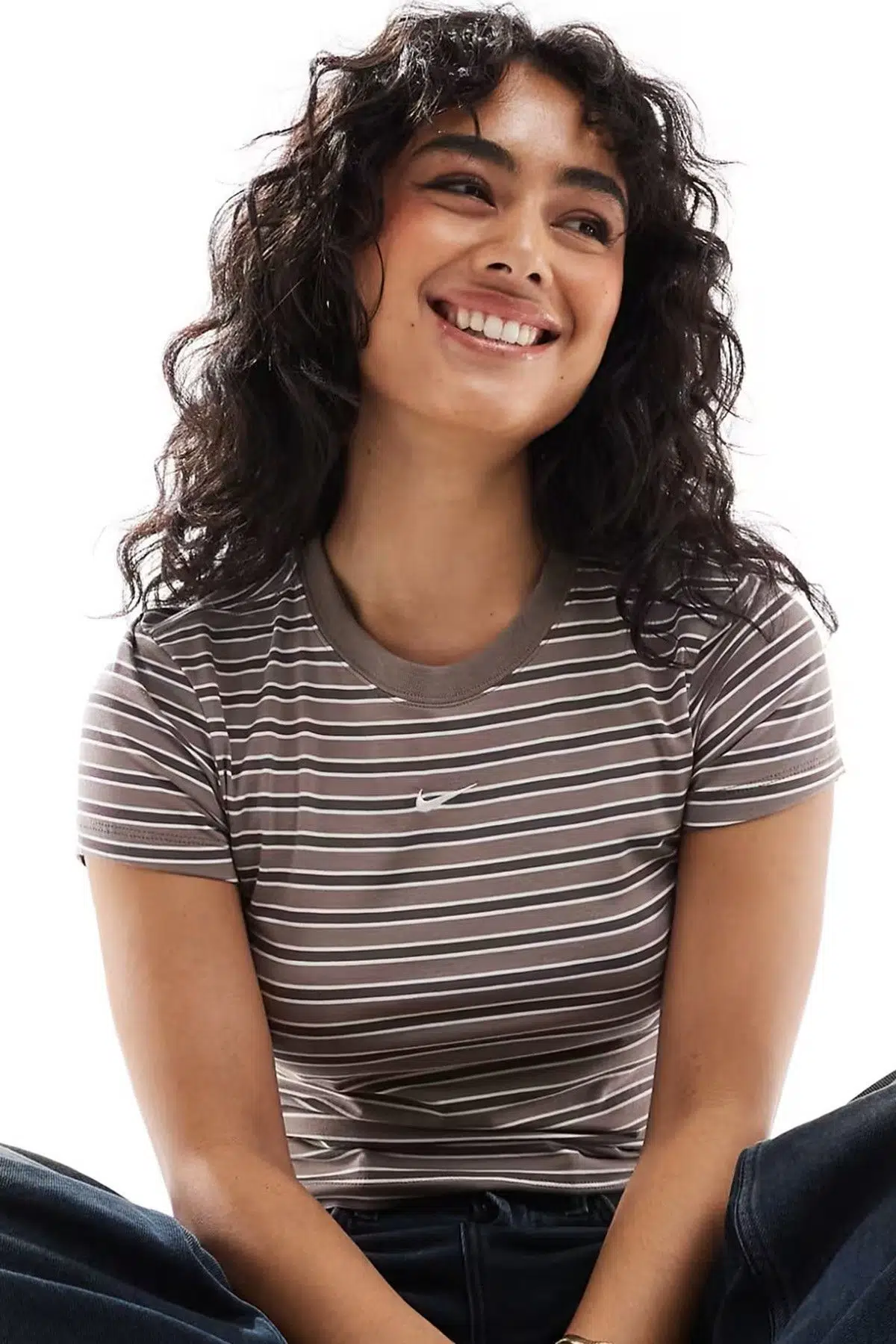 Nike Sportswear Chill Striped Slim Fit T-shirt Kadın Kısa Kesim Çizgili Tişört Kahverengi