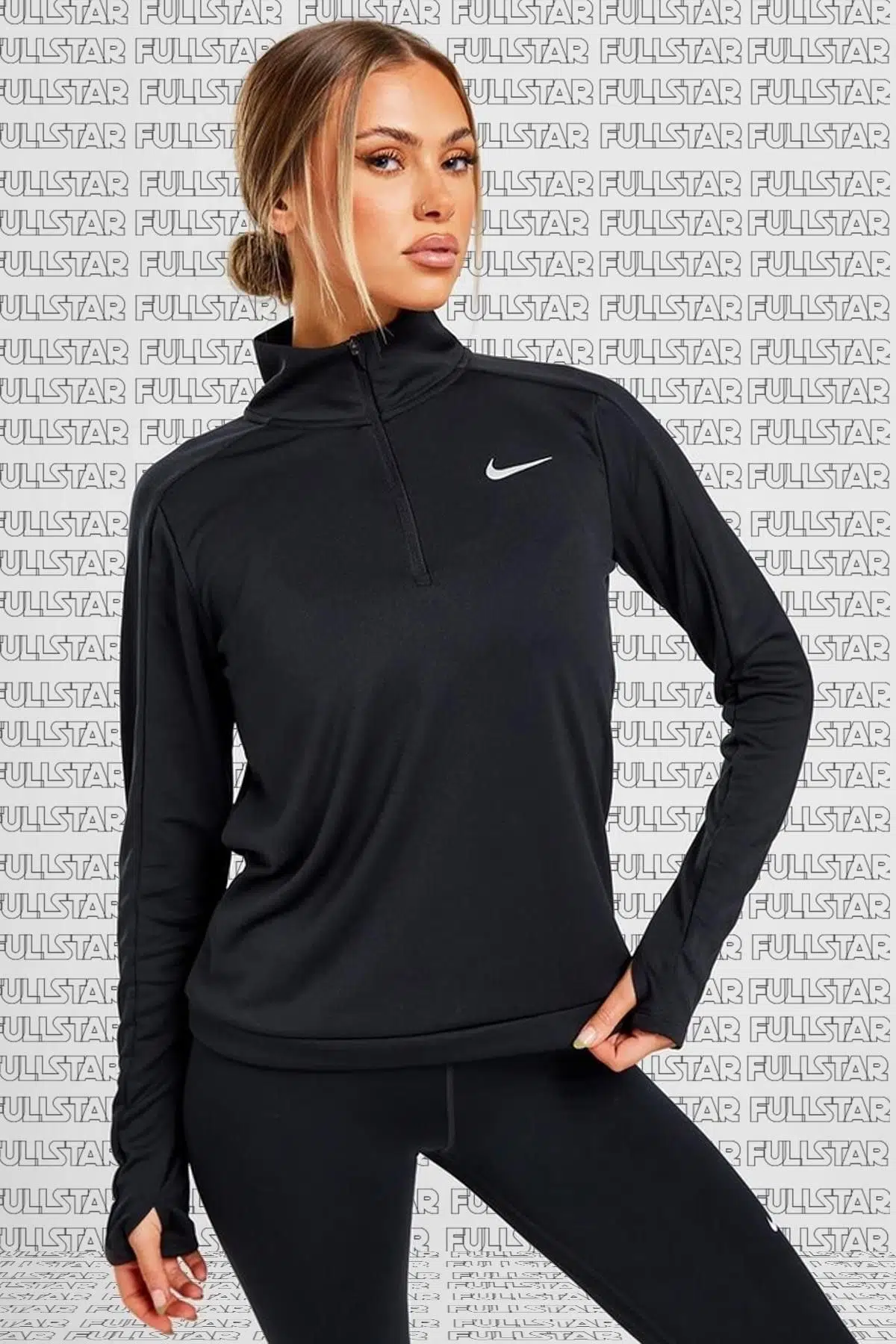 Nike Pacer Running Mid Layer 1/4 Zip Yarım Fermuar El Korumalı Siyah Koşu Üstü