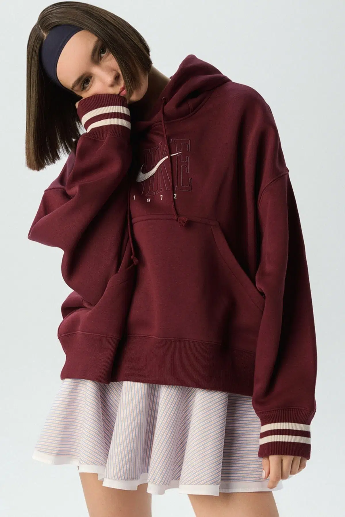 Nike Phoenix Fleece Oos GX Po Hoodie Burgundy Women Sweatshirt Kapüşonlu Kadın Kazak Bordo