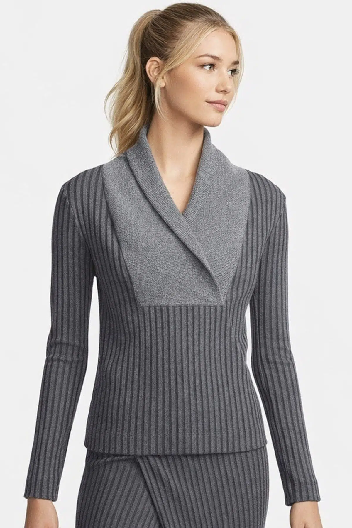Nike Yoga Ribbed Shawl Collar Loose Fit Sweatshirt Kadın Bol Kesim Fitilli Şal Yaka Sweatshirt Füme