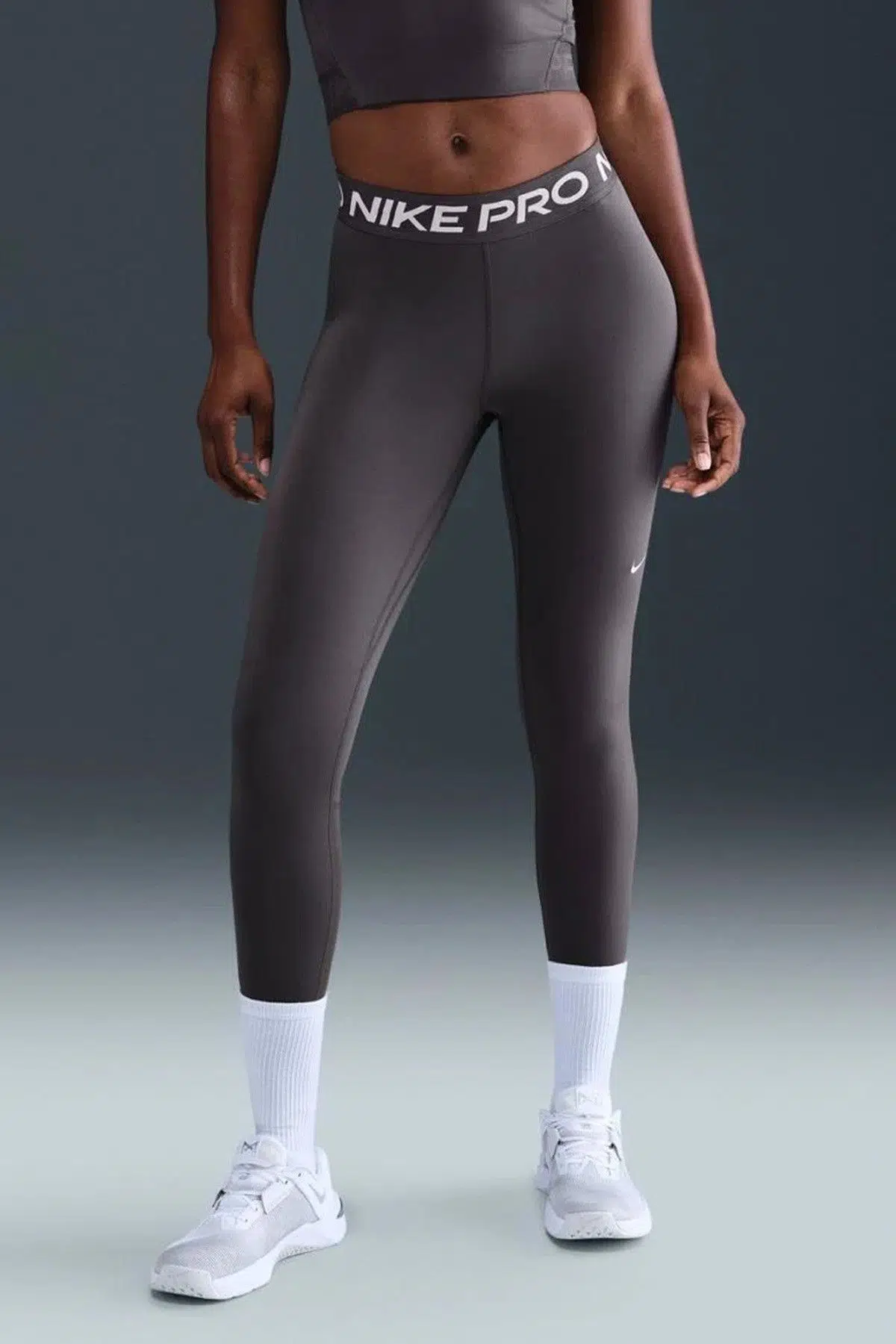 Nike Pro 365 Dri Fit Training Legging Tight Fit Thunder Grey White Kadın File Panelli Spor Tayt Füme