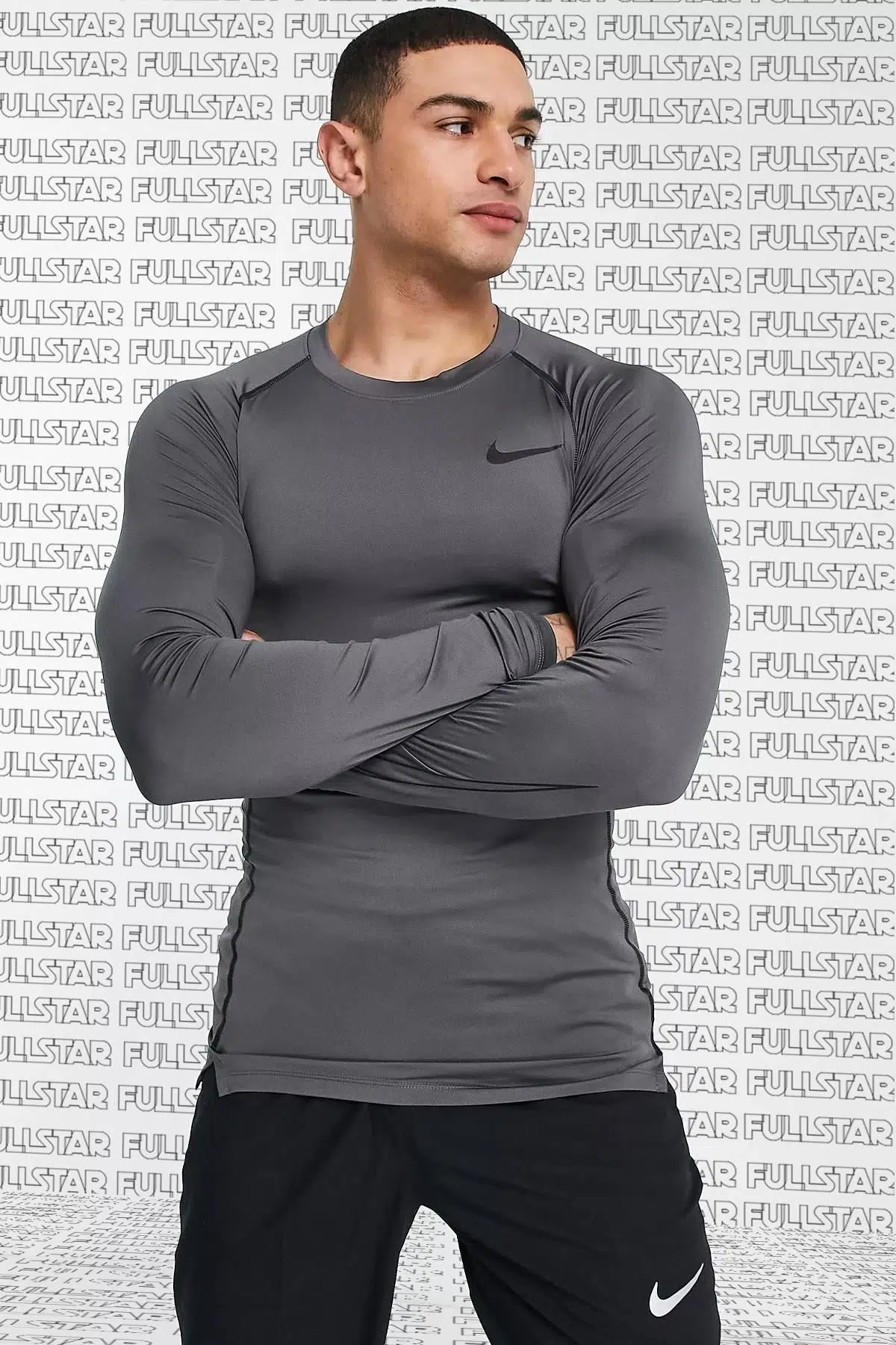 Nike Pro Dri Fit Men's Tight Fit Top Slim Fit Uzun Kollu Antrasit Sweatshirt Body 