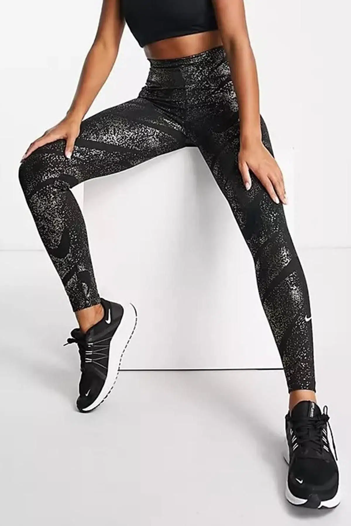 Nike One icon Clash Printed 7/8 Leggins Işıltılı Baskılı Toparlayıcı Kadın Taytı Siyah