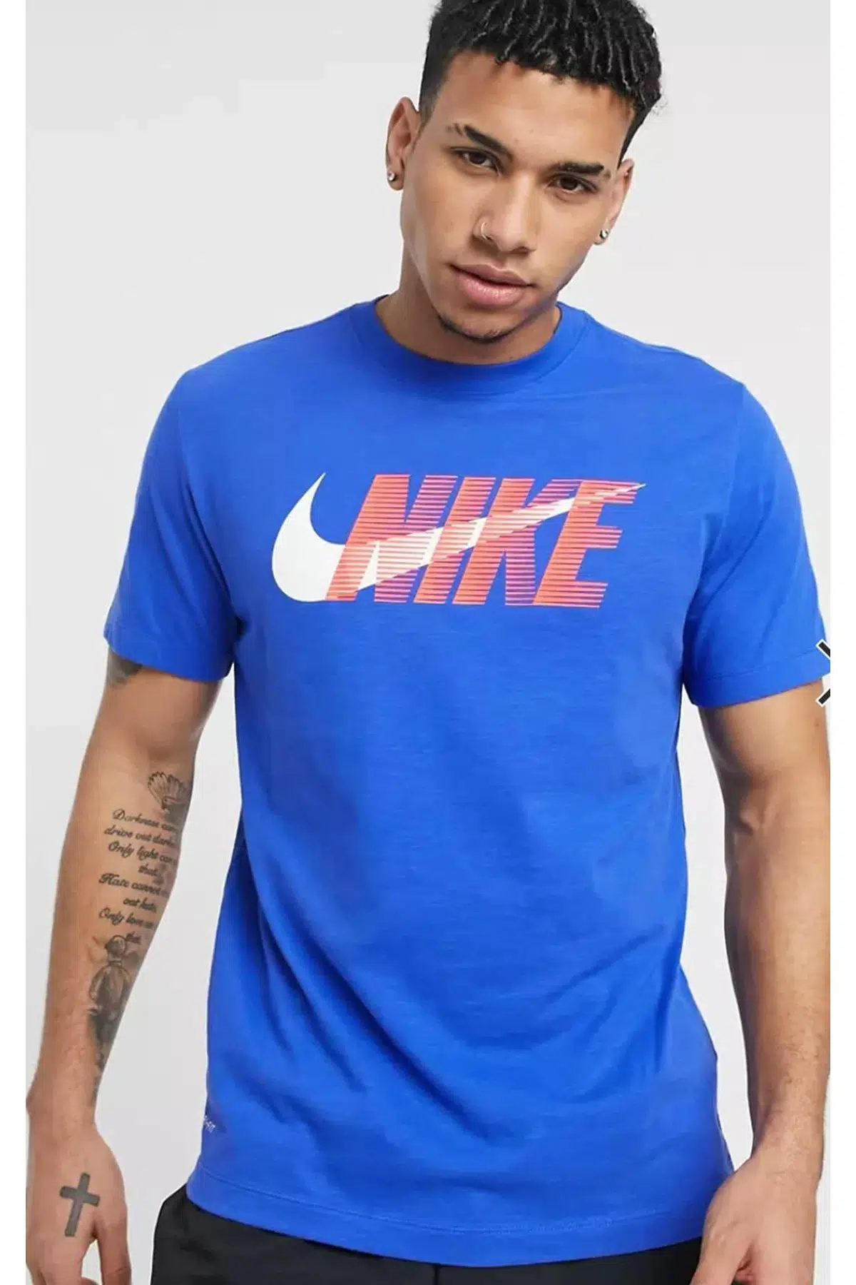 Nike Training Cotton Tee Büyük Çift Logolu Kısa Kollu Pamuklu Mavi Erkek Tişörtü