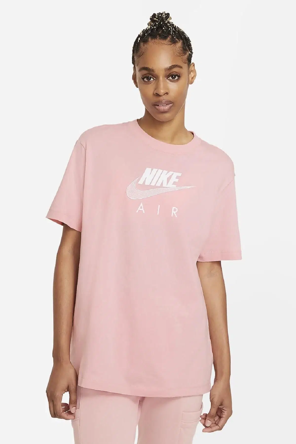 Nike Air Boyfriend Top Short-Sleeve Oversize Fit Baskılı Nakışlı Bol Kesim Pembe Tişört