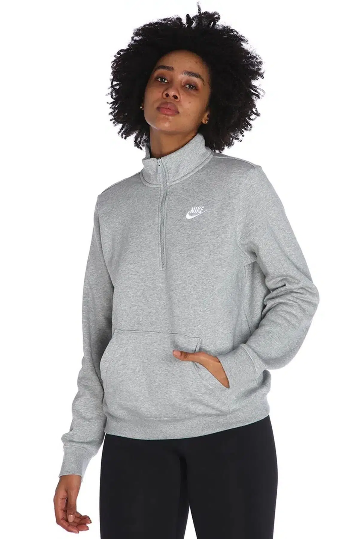Nike Sportswear Club Fleece Half Zip Gray Hoodie Kadın Gri Dik Yaka Yarım Fermuarlı Sweatshirt Gri