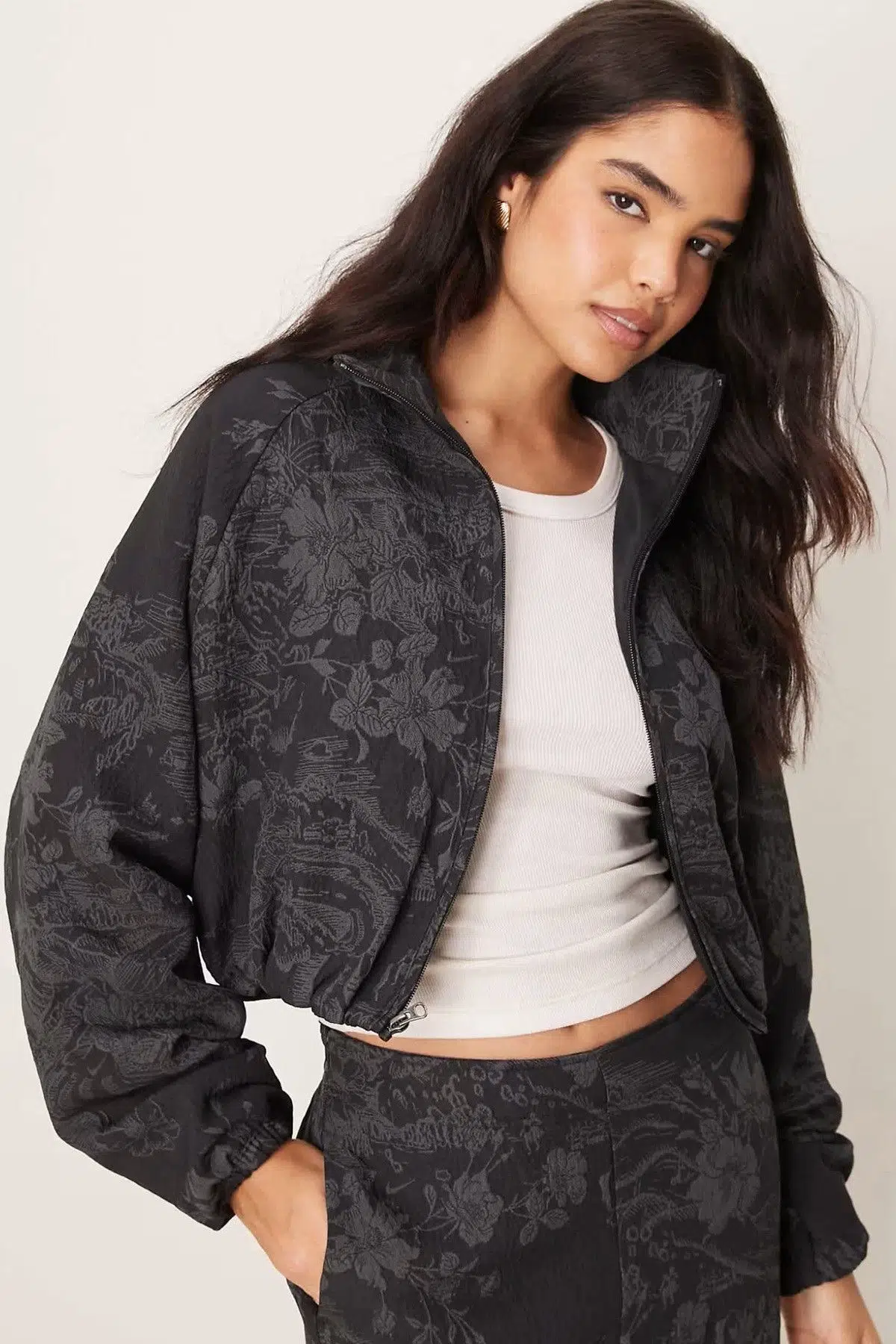 Nike Full Zip Jacquard Print Track Oversize Jacket Kadın Oversize Jakarlı Baskılı Kısa Spor Ceket Siyah