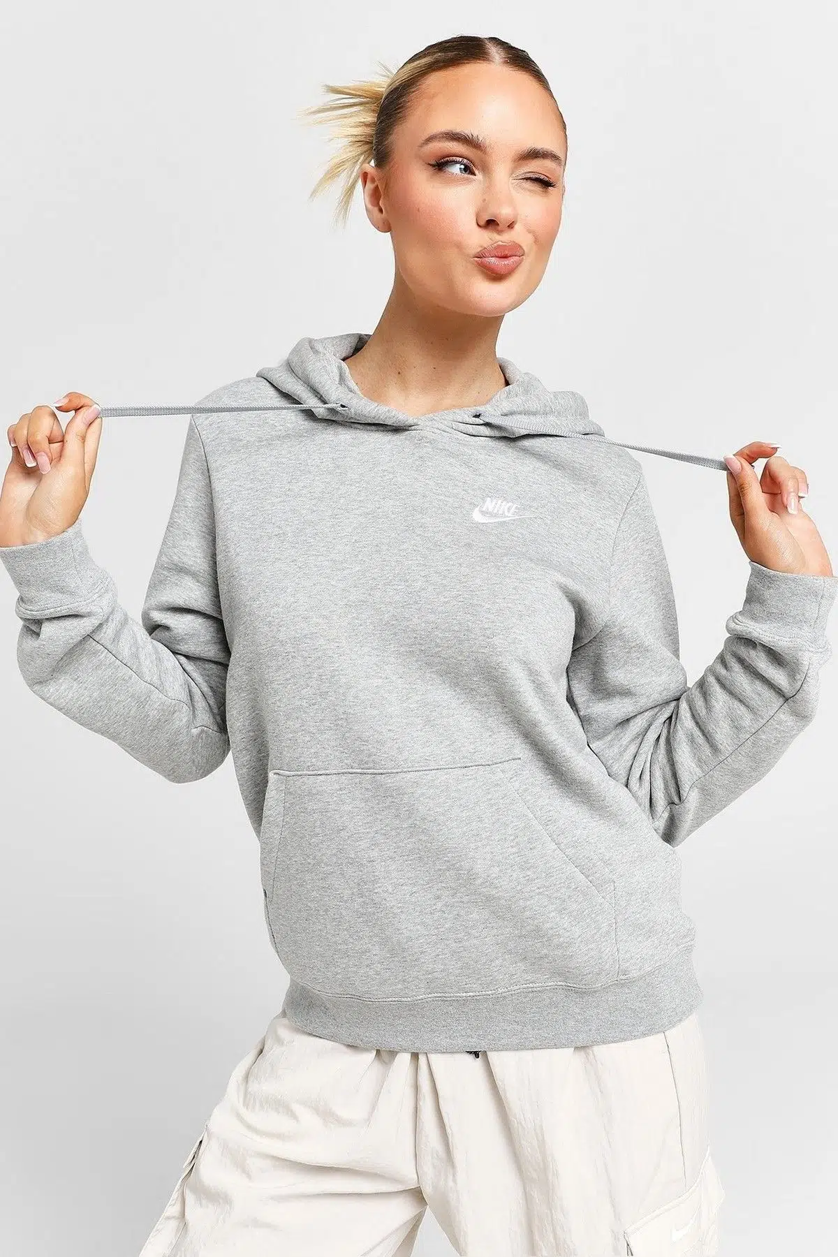 Nike Sportswear Essential Collection Fleece Hoodie Kadın Bol Kesim Kapüşonlu Sweatshirt Gri Melanj