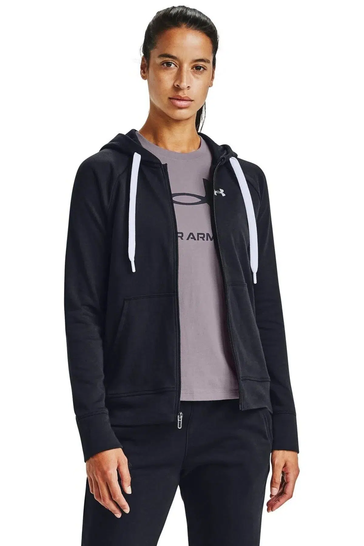 Under Armour Rival Terry Womens Hoodie Kadın Kapüşonlu Tam Boy Fermuarlı Sweatshirt Siyah
