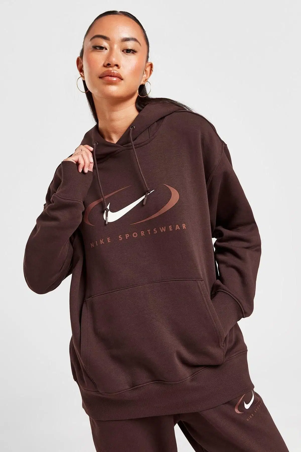 Nike Sportswear Fleece Oversize Pullover Hoodie Swoosh Kadın Geniş Kalıp Kapüşonlu Sweatshirt Kahverengi