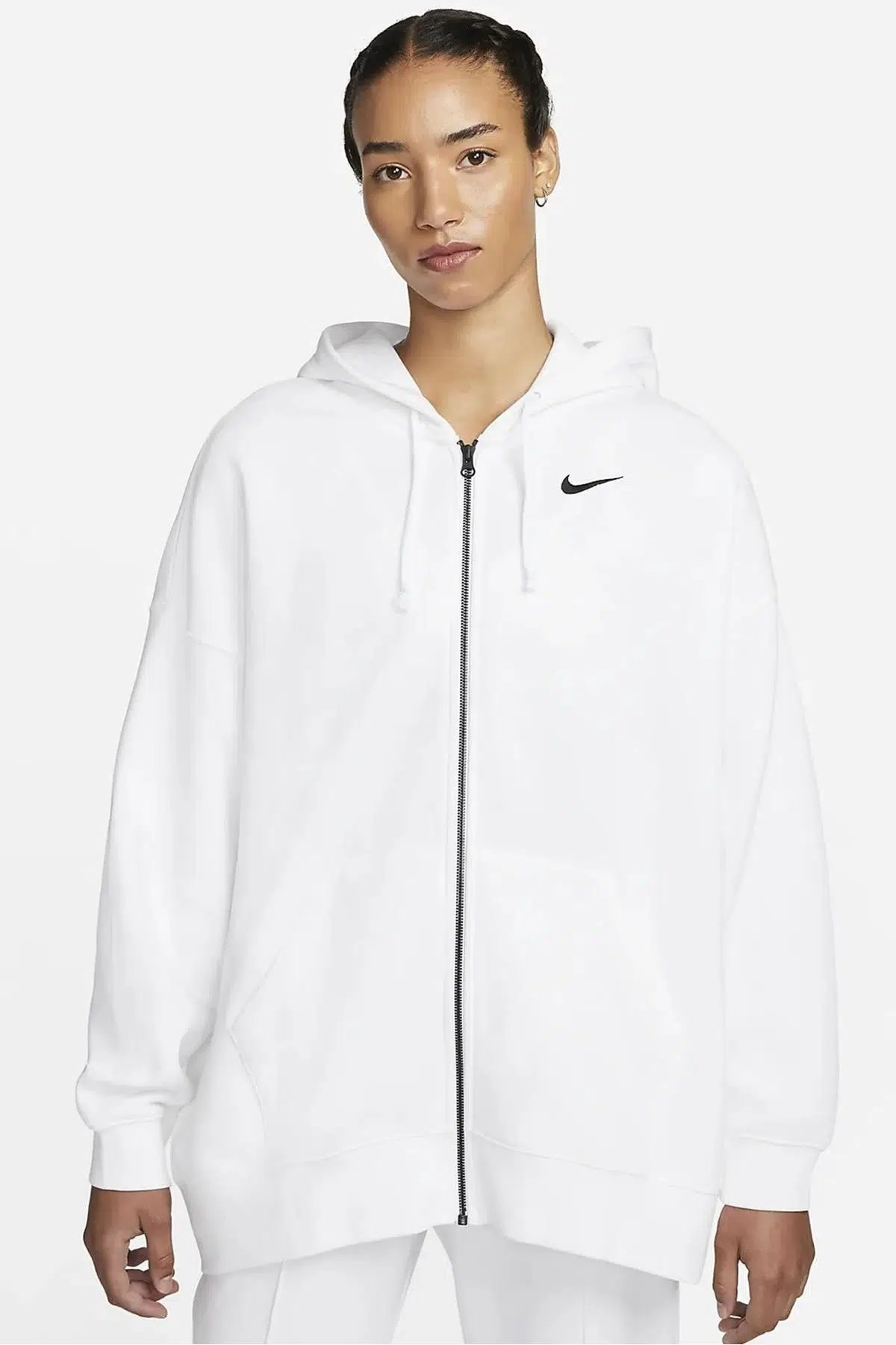 Nike Sportswear Essentials Oversize Fleece Full Zip Hoodie Kadın Geniş Kalıp Kapüşonlu Sweatshirt Beyaz