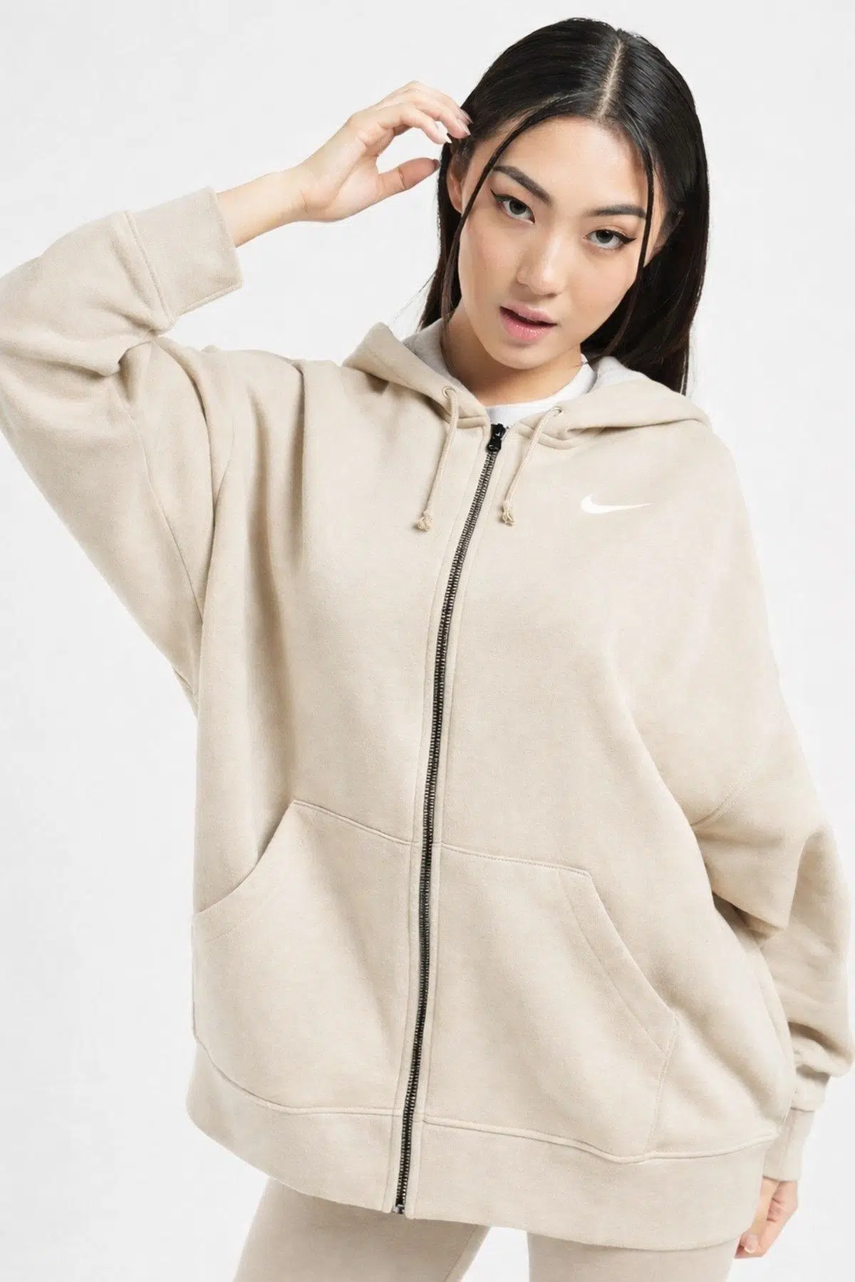 Nike Sportswear Essentials Oversize Fleece Full Zip Hoodie Kadın Oversize Kapüşonlu Sweatshirt Krem