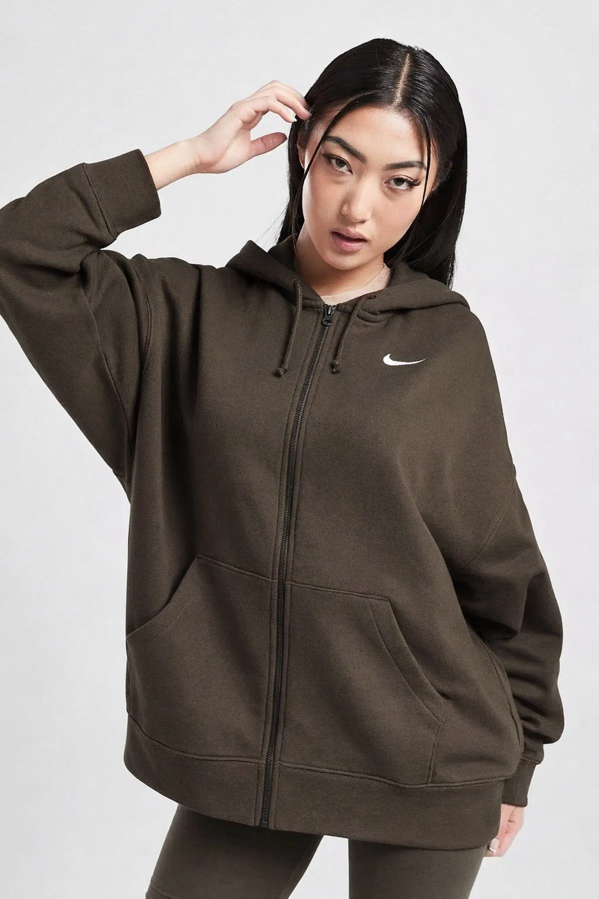 Nike Sportswear Essentials Oversize Fleece Full Zip Hoodie Kadın Oversize Kapüşonlu Sweatshirt Kahverengi