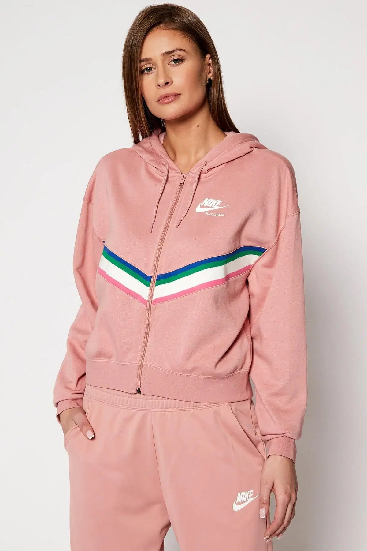 Nike Sportswear Heritage Loose Fit Full Zip Sweatshirt Bol Kalıp Pembe Sweatshirt