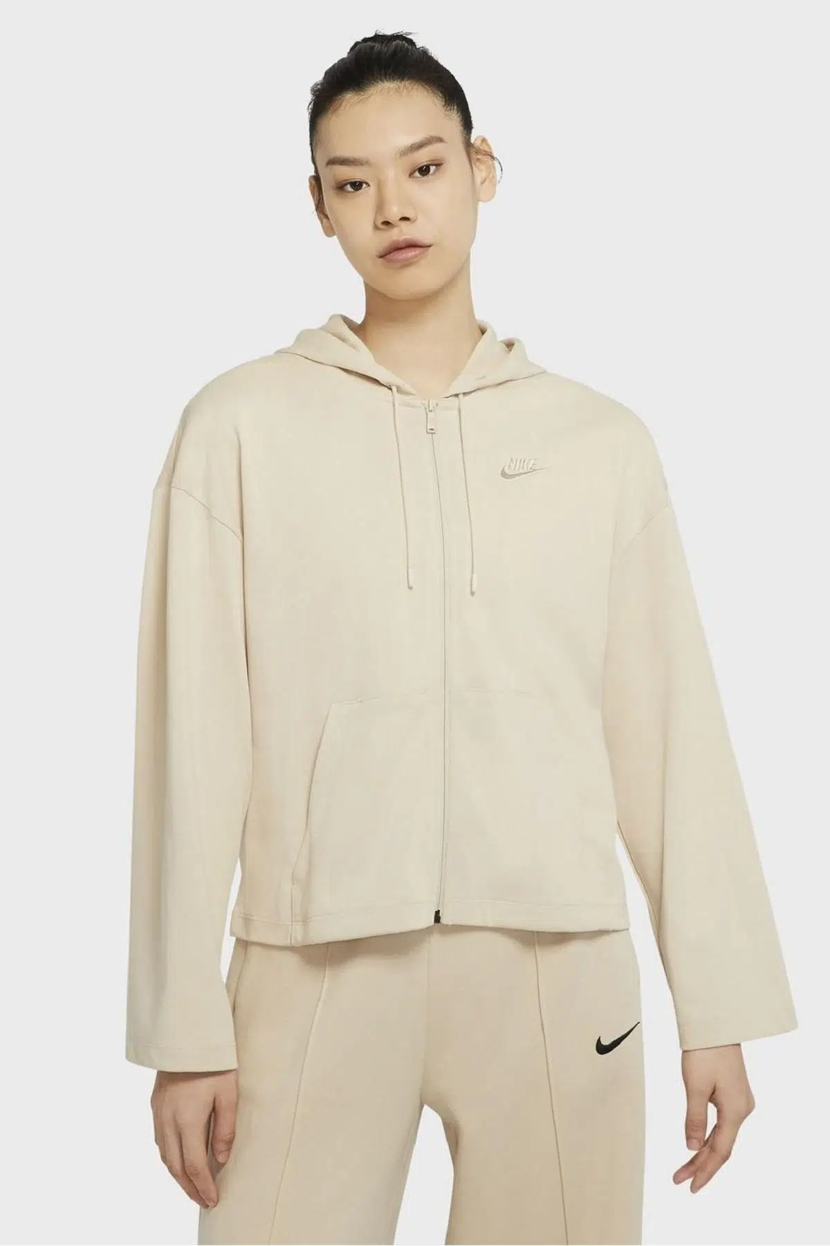 Nike Sportswear Jersey Loose Fit Full Zip Hoodie Bol Kalıp Kapüşonlu Bej Sweat