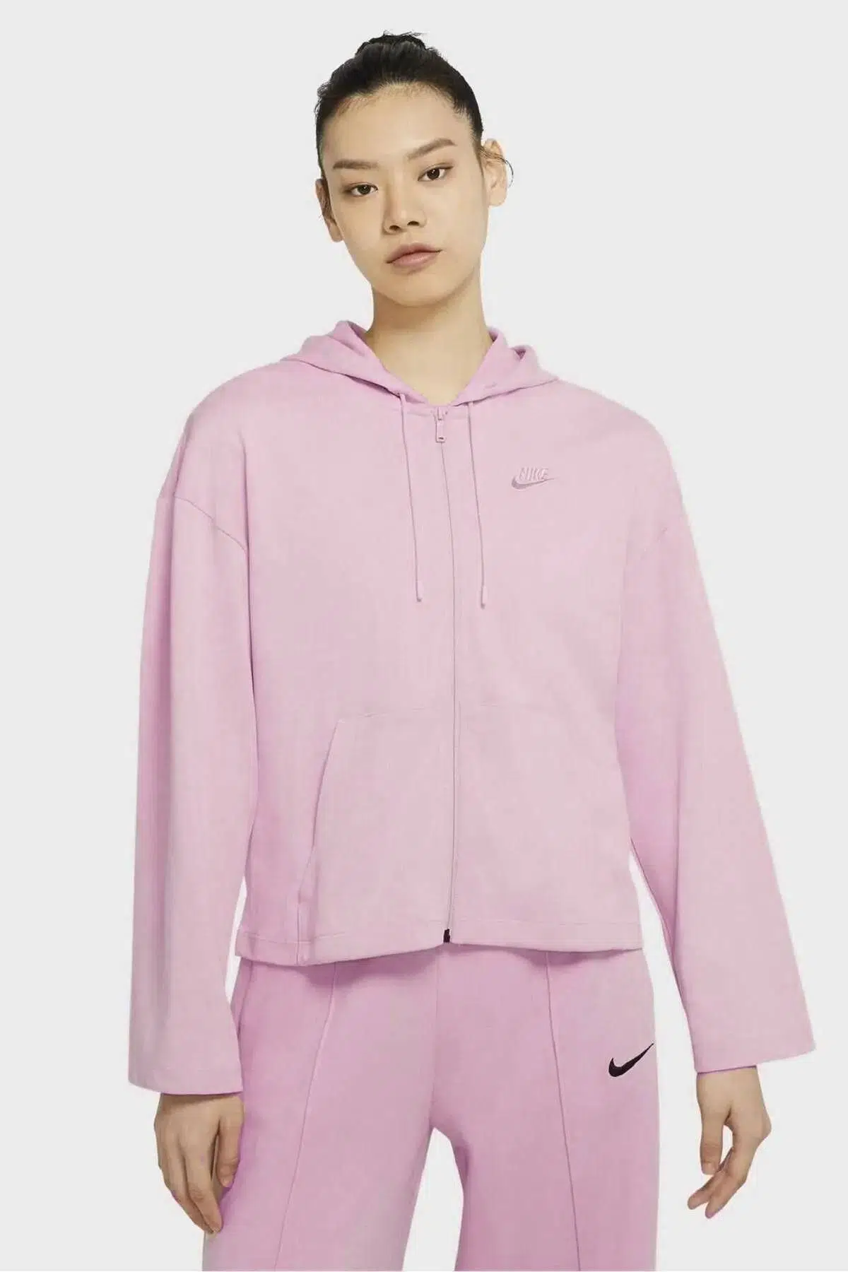 Nike Sportswear Jersey Loose Fit Full Zip Hoodie Bol Kalıp Kapüşonlu Sweatshirt Pembe
