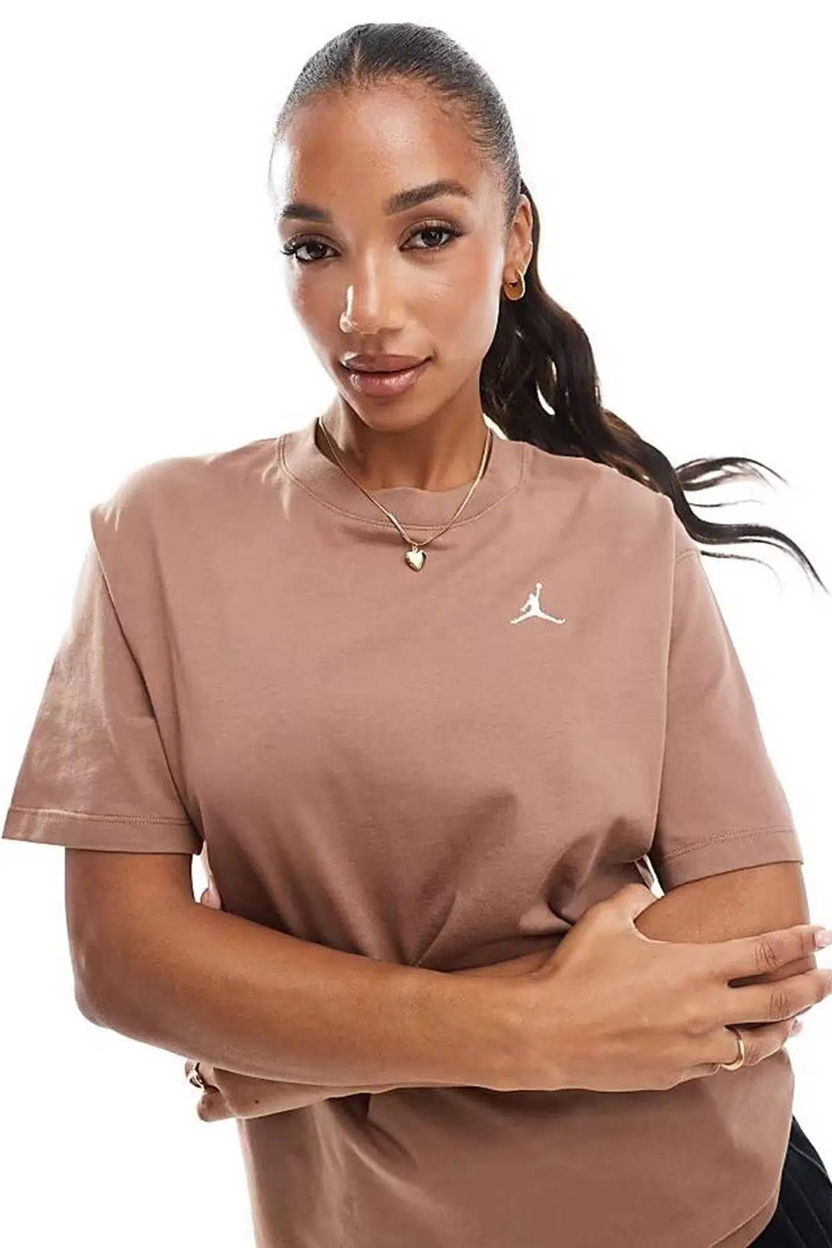 Nike Jordan Essential Women's Loose Fit T-Shirt Kadın Nakış Logo Pamuklu Bol Kesim Tişört Kahve