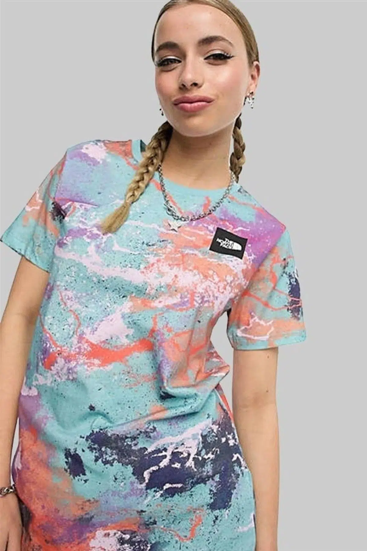 The North Face Seasonal Fine T-shirt Multicolor Reef Waters TNF Distort Print Kadın Bol Kesim Pamuklu Tişört Mavi