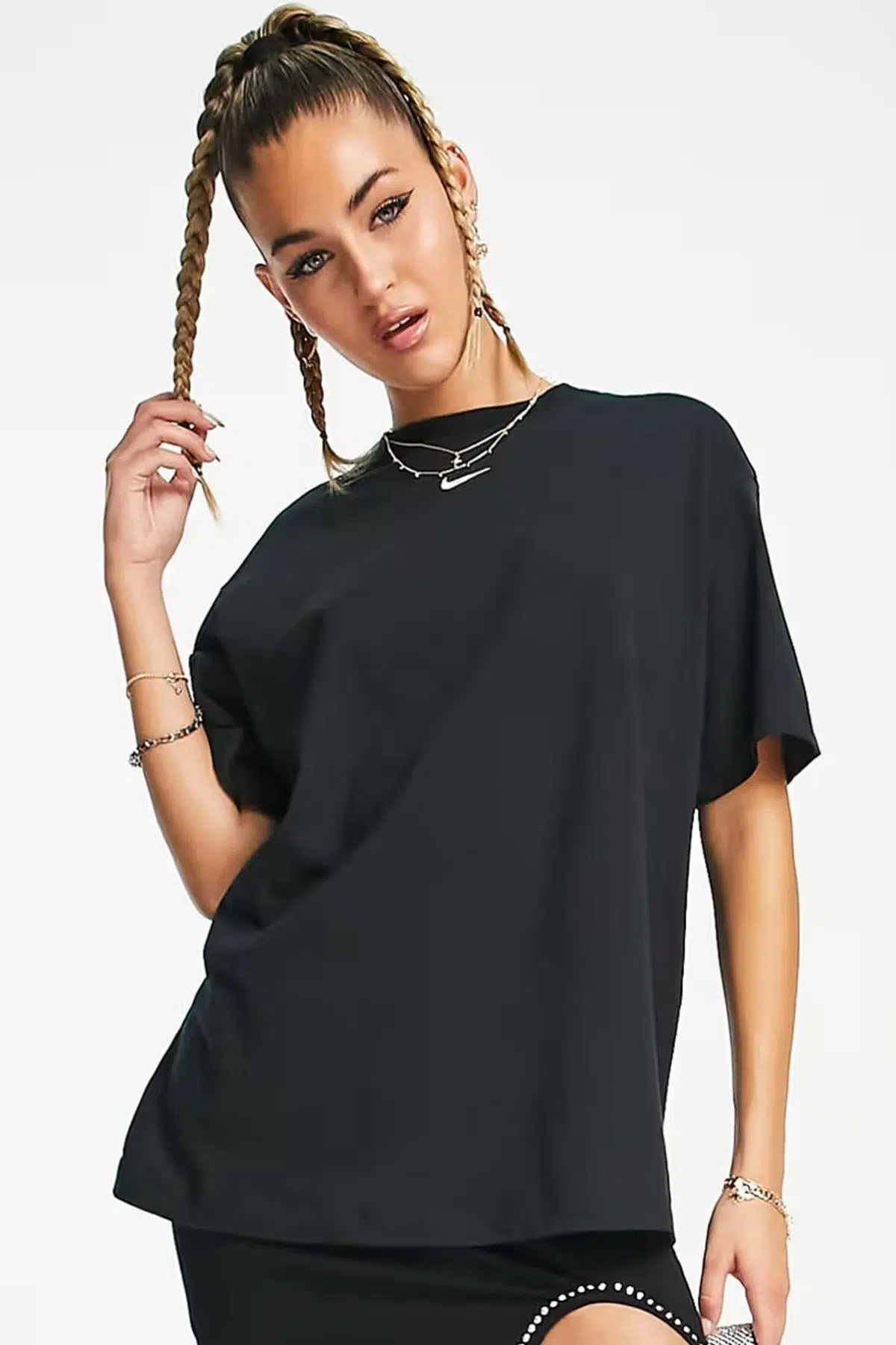 Nike Sportswear Organic Cotton Loose Fit T-shirt Kadın Nakış Swooslu Bol Kesim Tişört Siyah