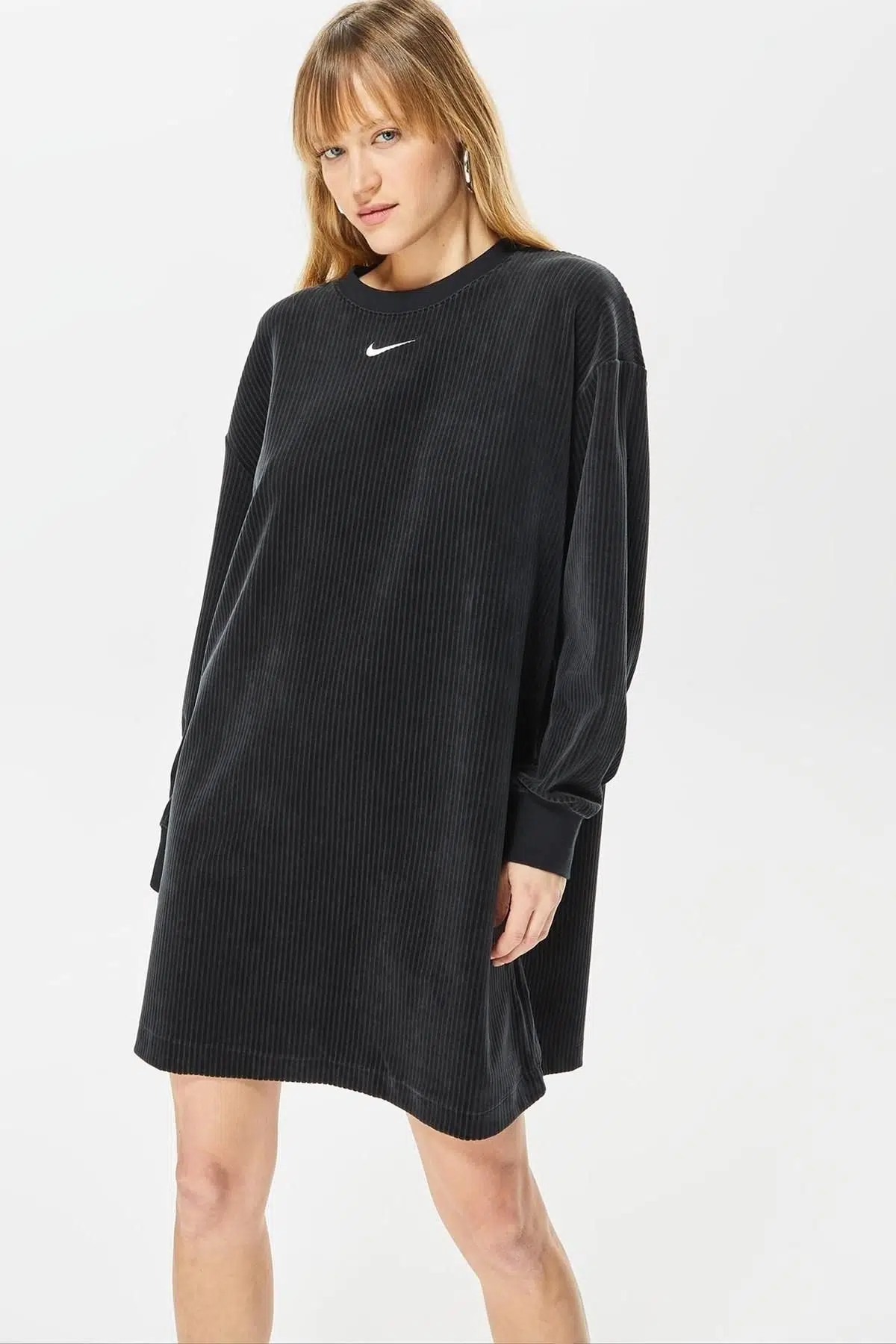 Nike Sportswear Women's Velour Long Sleeve Crew Oversize Dress Kadın Geniş Kalıp Kadife Elbise Siyah