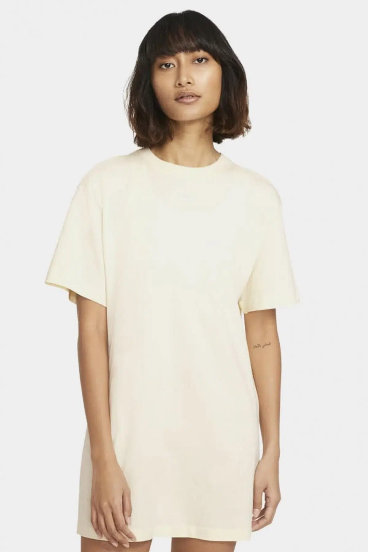 Nike Sportswear Organic Cotton Short Sleve Dress Nakış Swooslu Elbise Krem