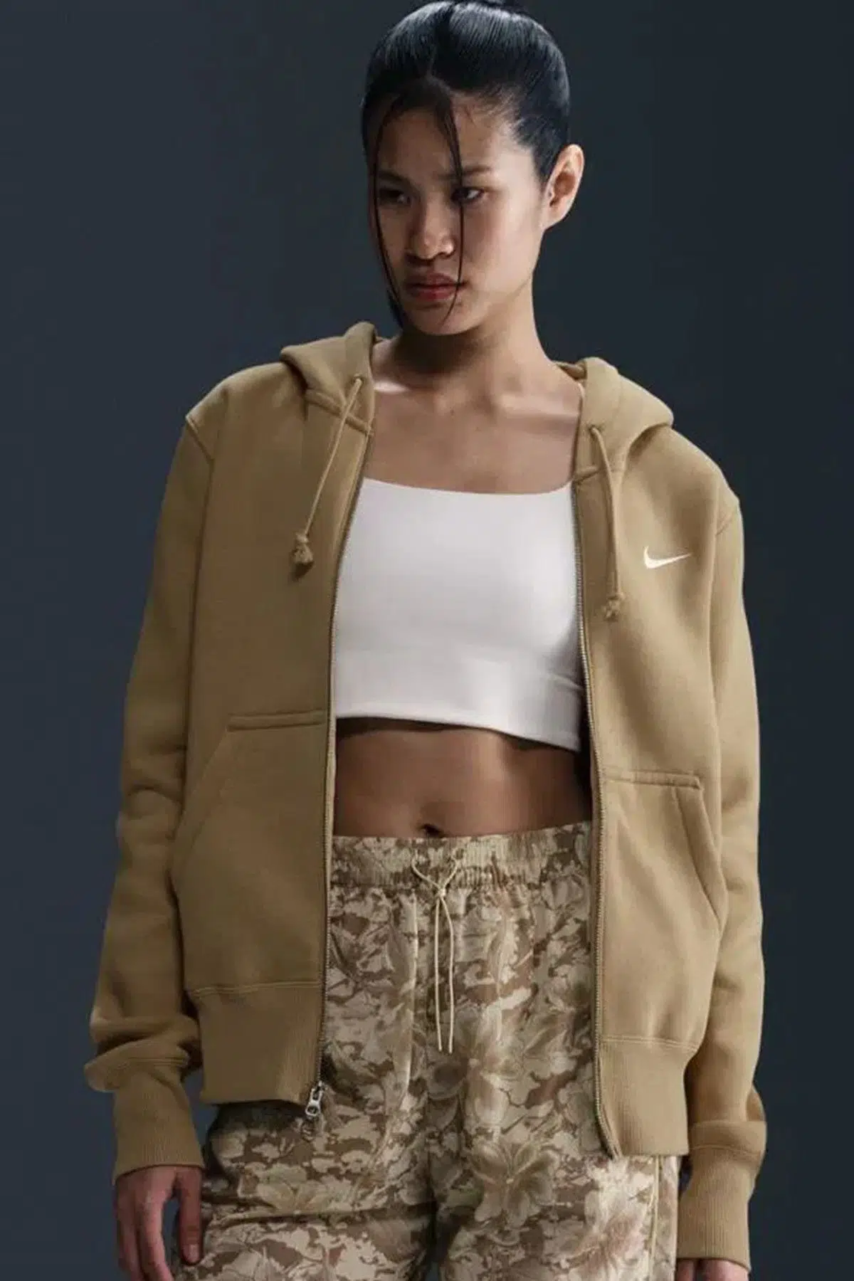 Nike Sportswear Phoenix Fleece FZ Hoodie Womens Sweatshirt Metal Fermuarlı Kapişonlu Kadın Sweatshirt Bej