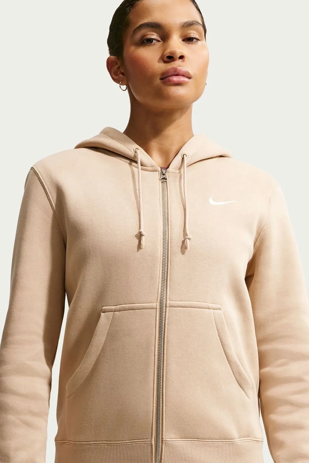 HJ0995-286 Nike Sportswear Phoenix Fleece FZ Hoodie Womens Sweatshirt Metal Fermuarlı Kapişonlu Kadın Sweatshirt Bej