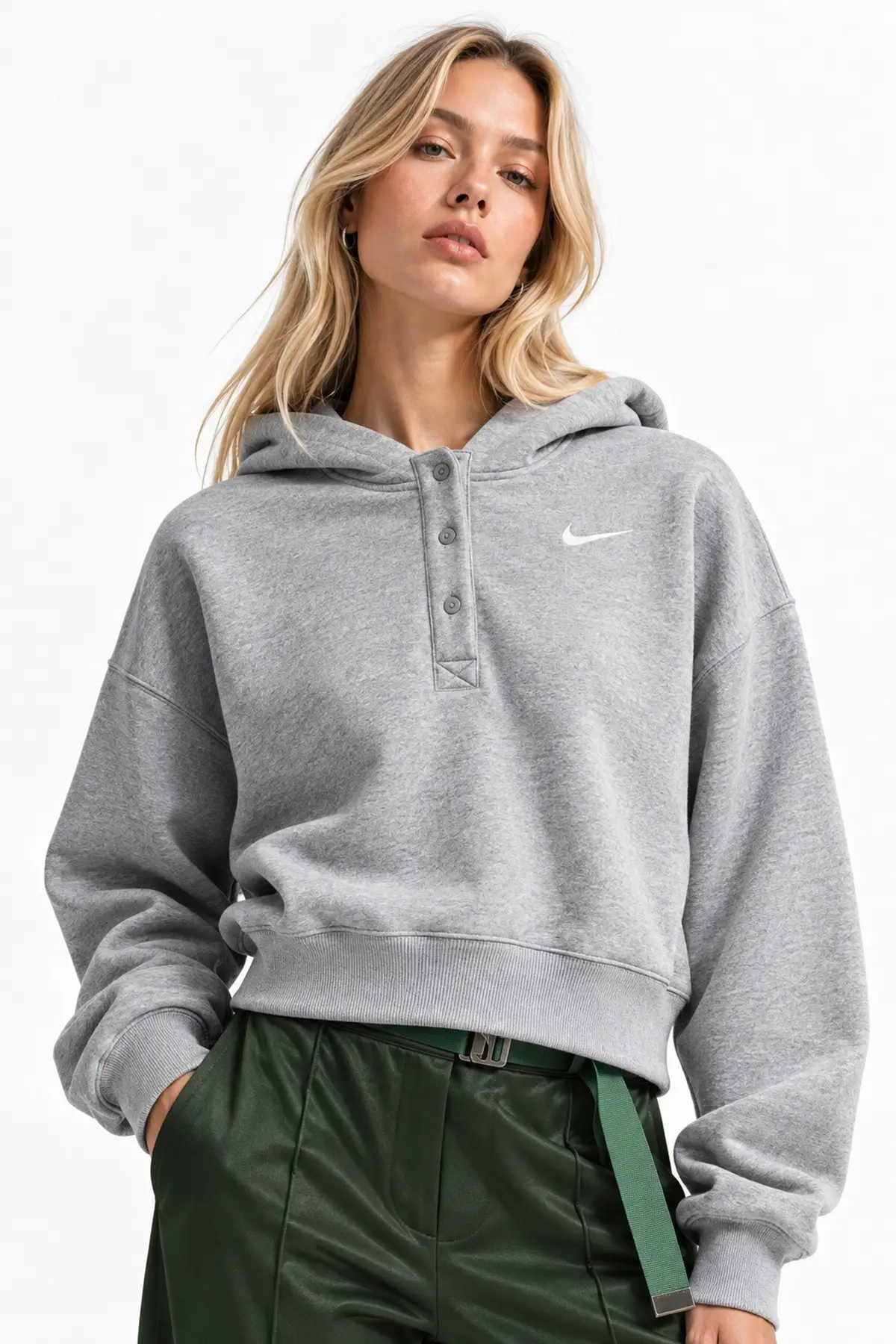 IF0258-063 Nike Sportswear Phoenix Fleece Oversize Cropped Henley Hoodie Geniş Kalıp Kapüşonlu Şardonlu Kadın Crop Sweatshirt Gri
