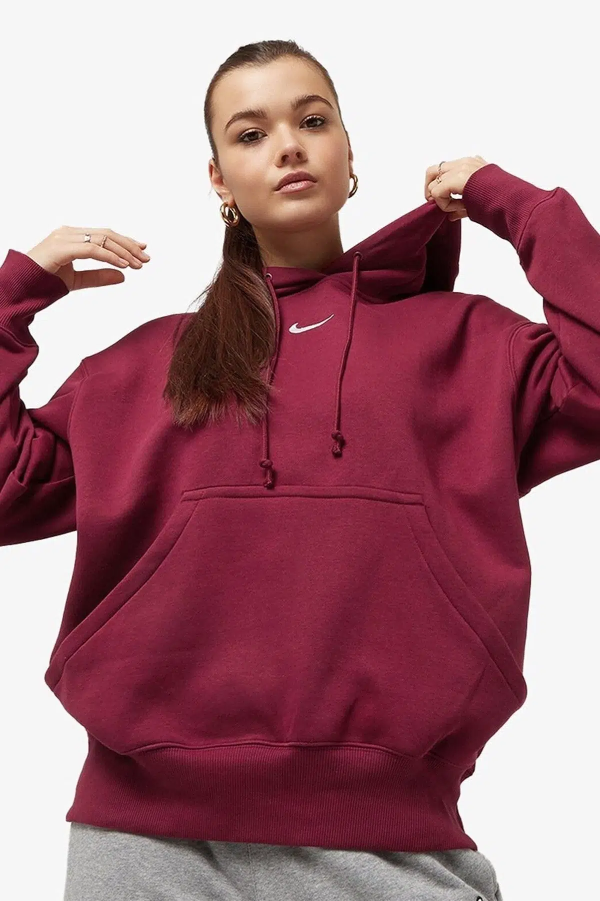 Nike Sportswear Phoenix Fleece Oversize Pullover Hoodie Kadın Kapüşonlu Bol Kesim Sweatshirt Bordo
