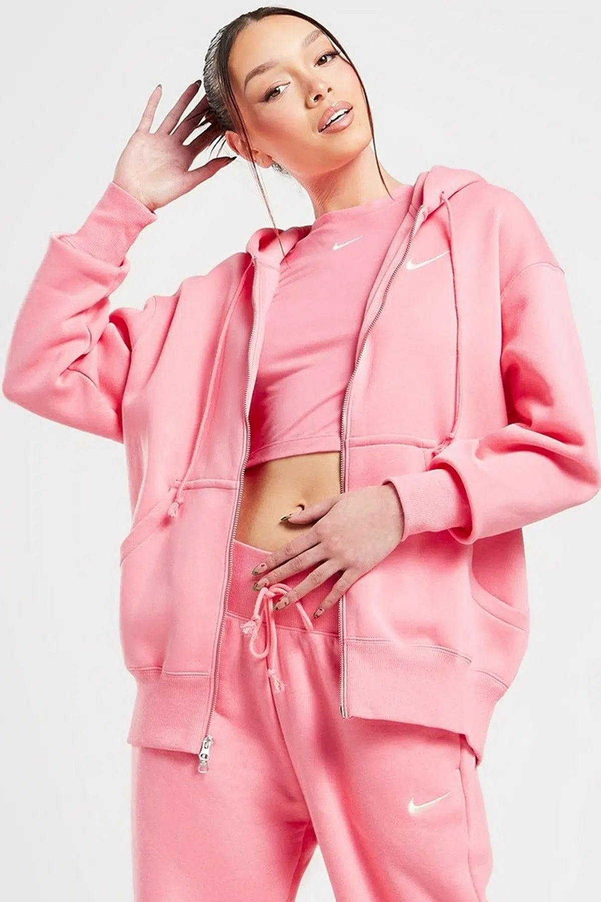 Nike Sportswear Phoenix Fleece Oversized Hoodie Full Zip Bol Kesim Kapüşonlu Kadın Sweatshirt Pembe