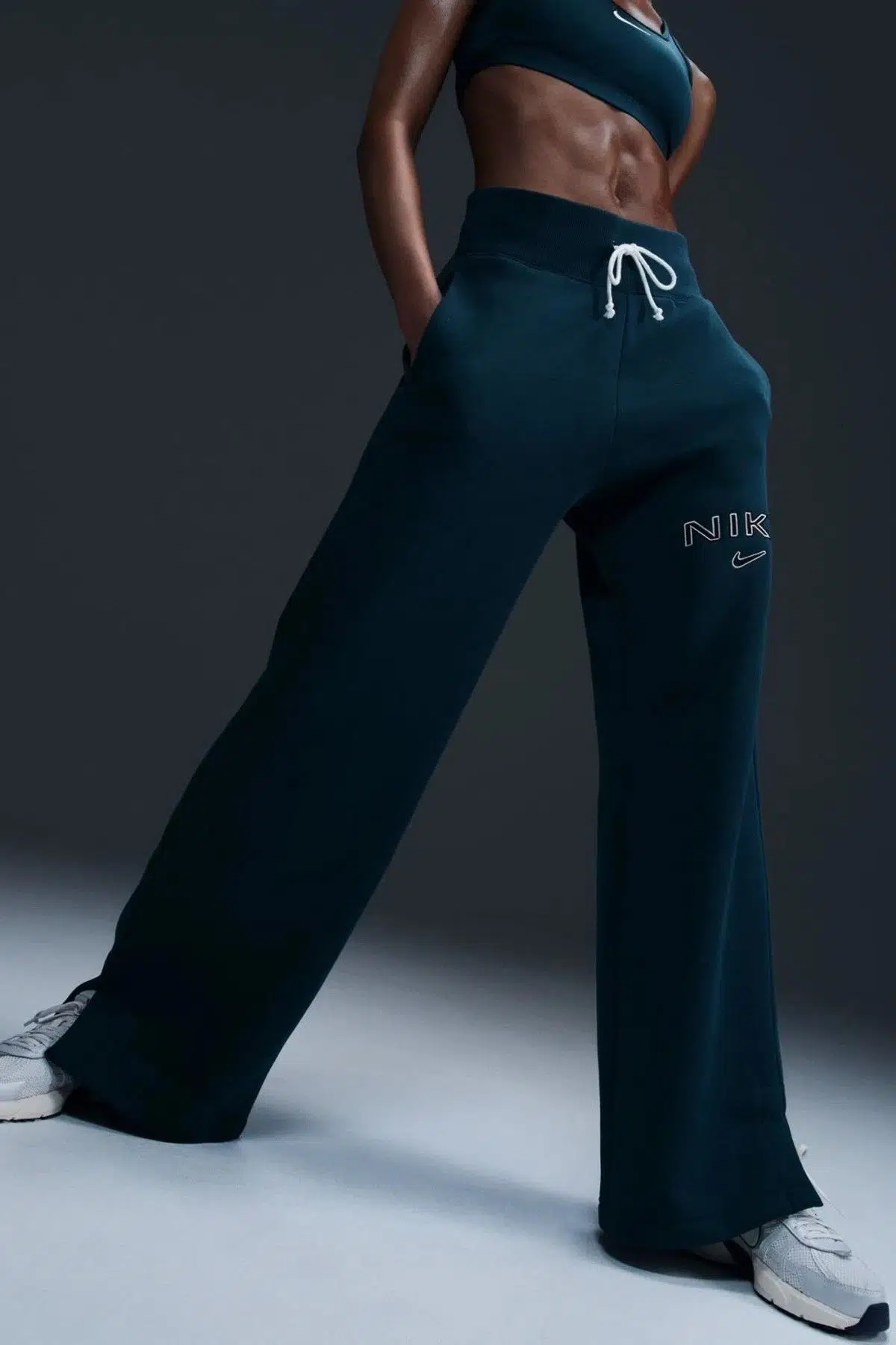 Nike Sportswear Phoenix Fleece Standart Fit High Rise HR Logo Wide Womens Pant Kadın Günlük Eşofman Altı Lacivert 