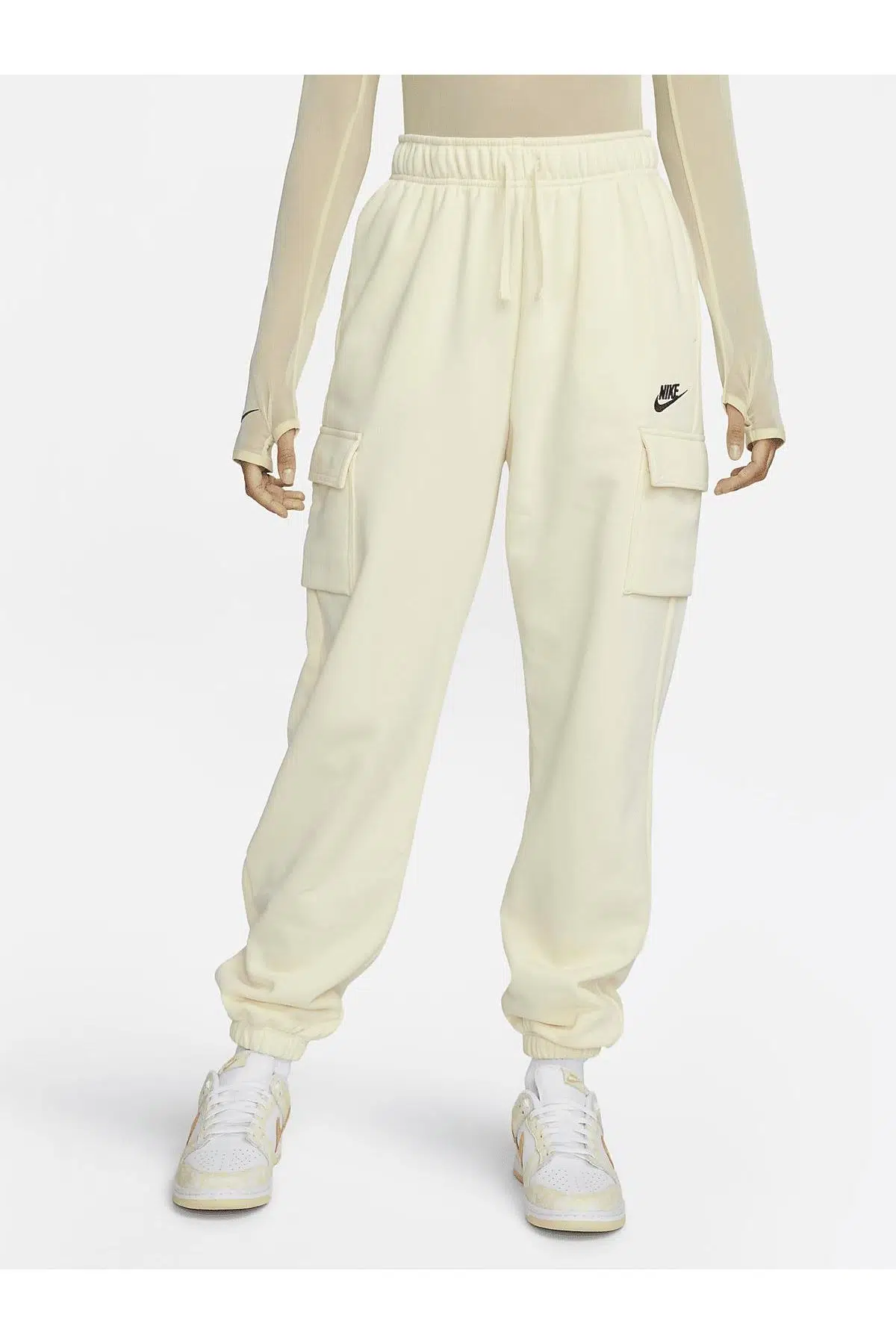Nike Sportswear Club Fleece Mid Rise Cargo Jogger Overize Kadın Kargo Cepli Büyük Beden Eşofman Atlı Krem