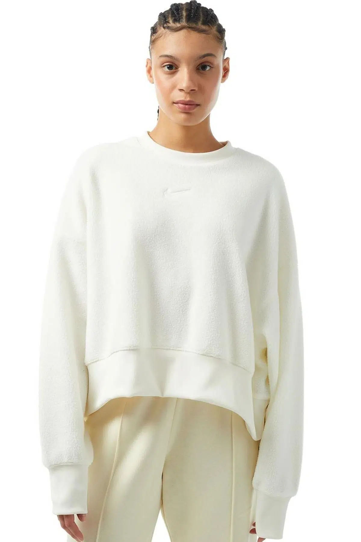 Nike Sportswear Plush Mod Crop Crew Sweatshirt Kadın Geniş Kalıp Peluş Sweatshirt Açık Krem