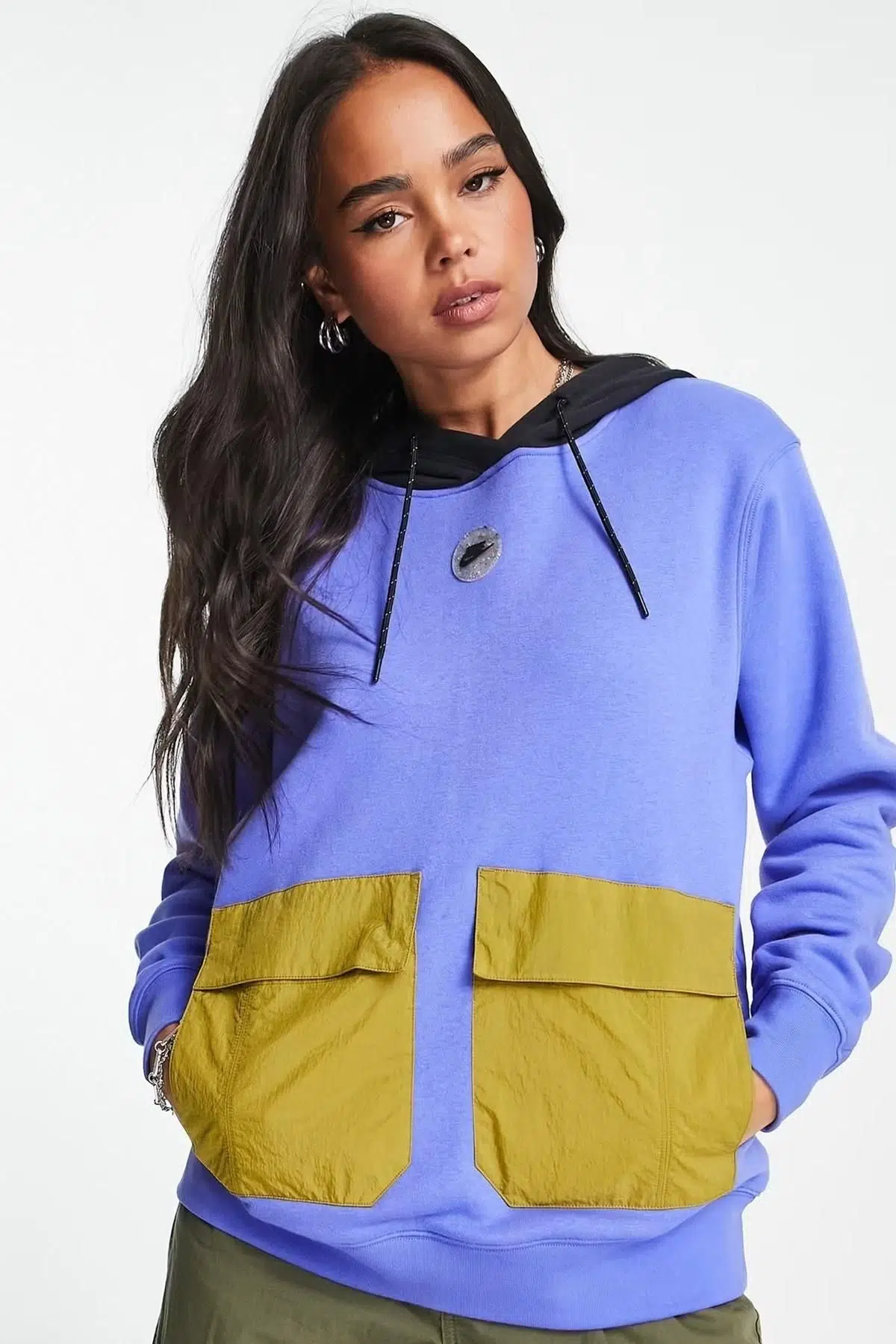 Nike Sports Utility Fleece Oversize Hoodie Kadın Kapüşonlu Geniş Kalıp Sweatshirt Mavi-Yosun Beji