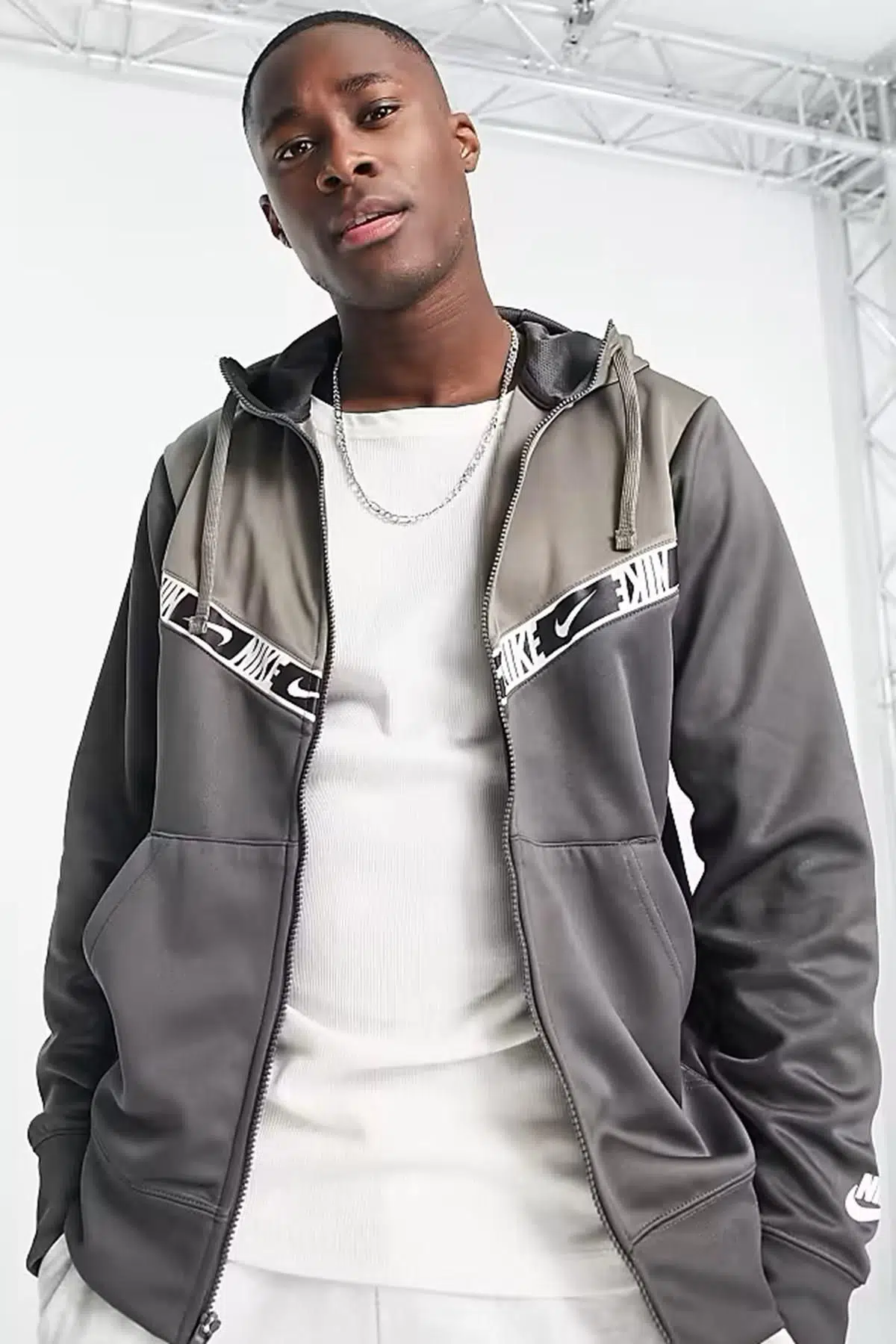 Nike Sportswear Repeat Graphic Full Zip Hoodie Kapüşonlu Erkek Sweatshirt Bej Gri