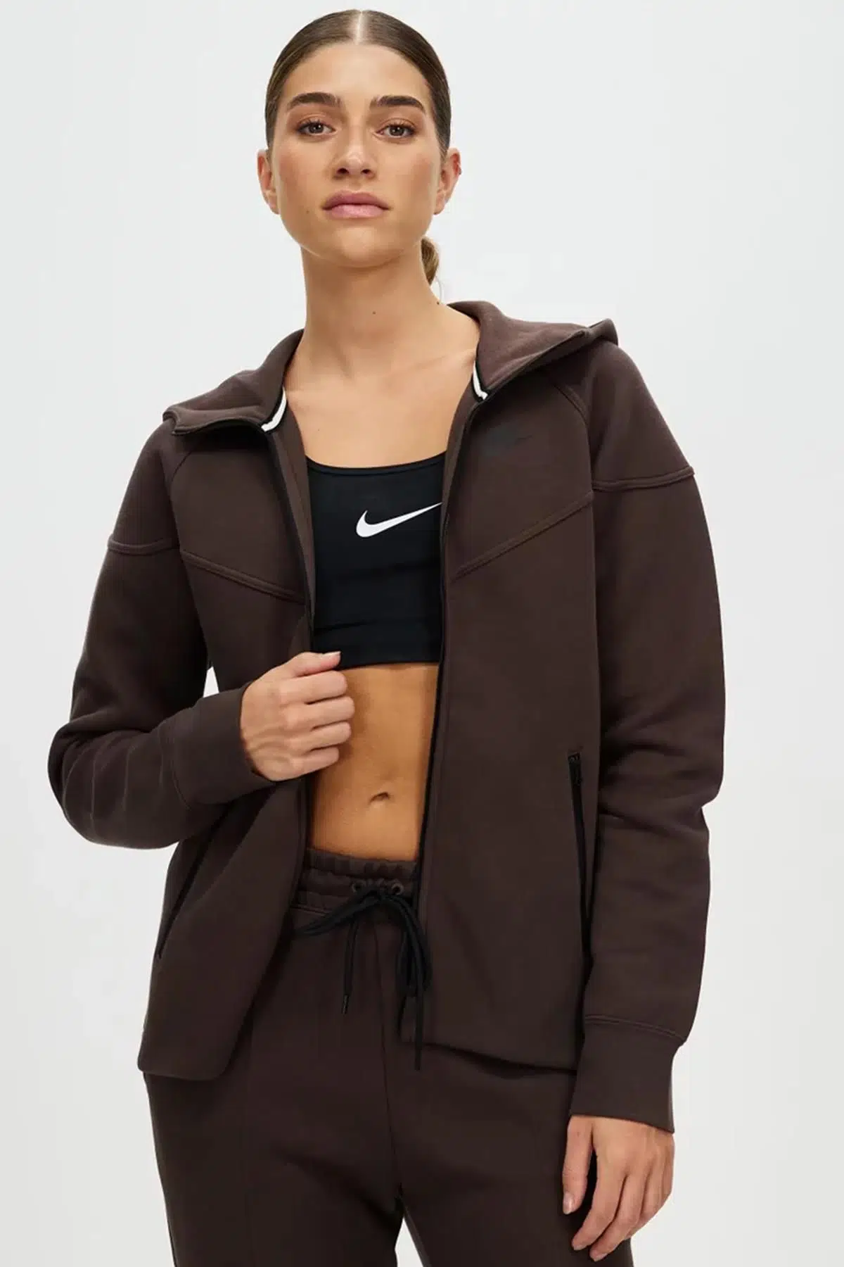 Nike Sportswear Tech Fleece Full Zip Hoodie Dark Heather Brown Kadın Kapüşonlu Sweatshirt Kahverengi