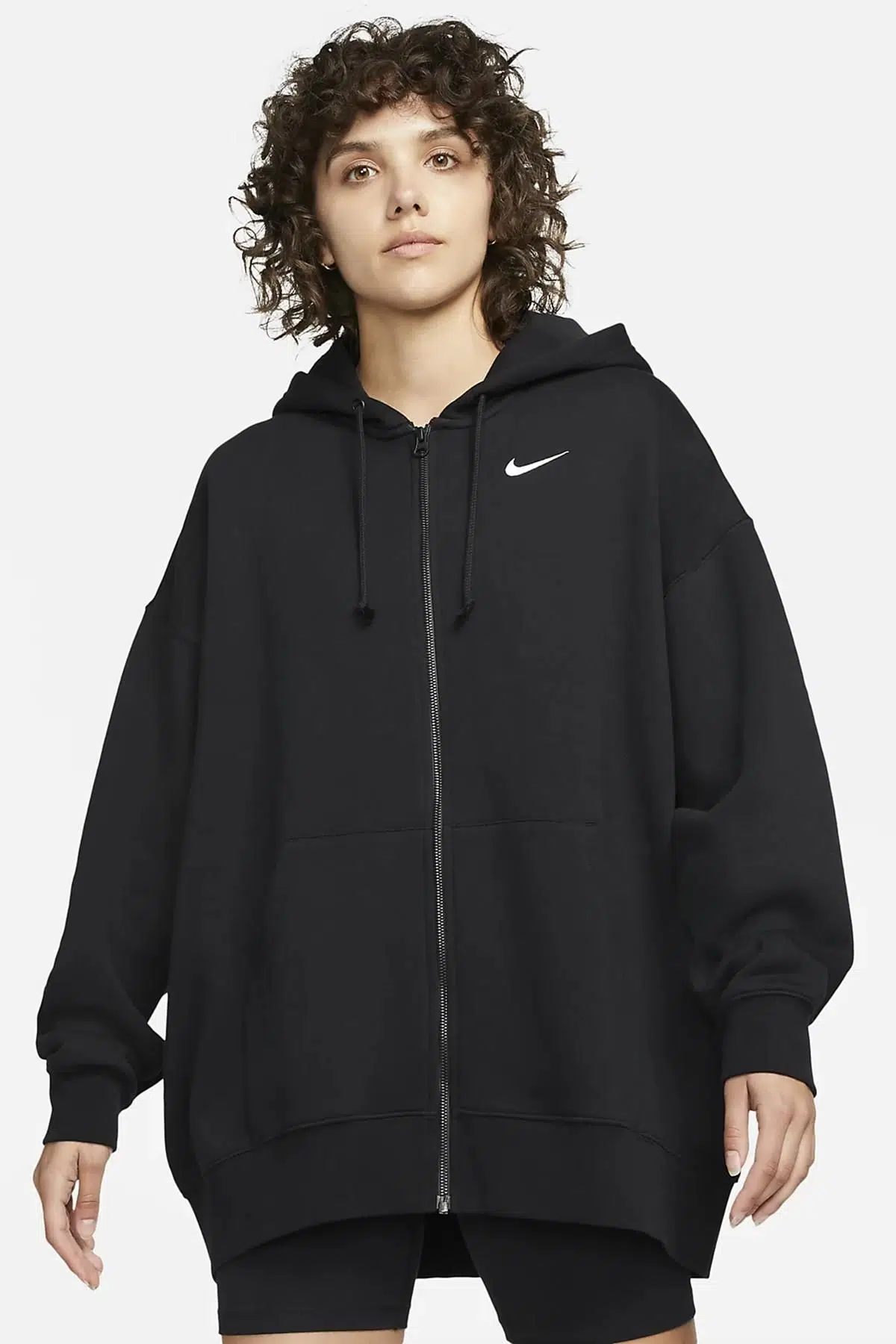Nike Sportswear Essentials Oversize Fleece Full Zip Hoodie Kadın Geniş Kalıp Kapüşonlu Sweatshirt Siyah
