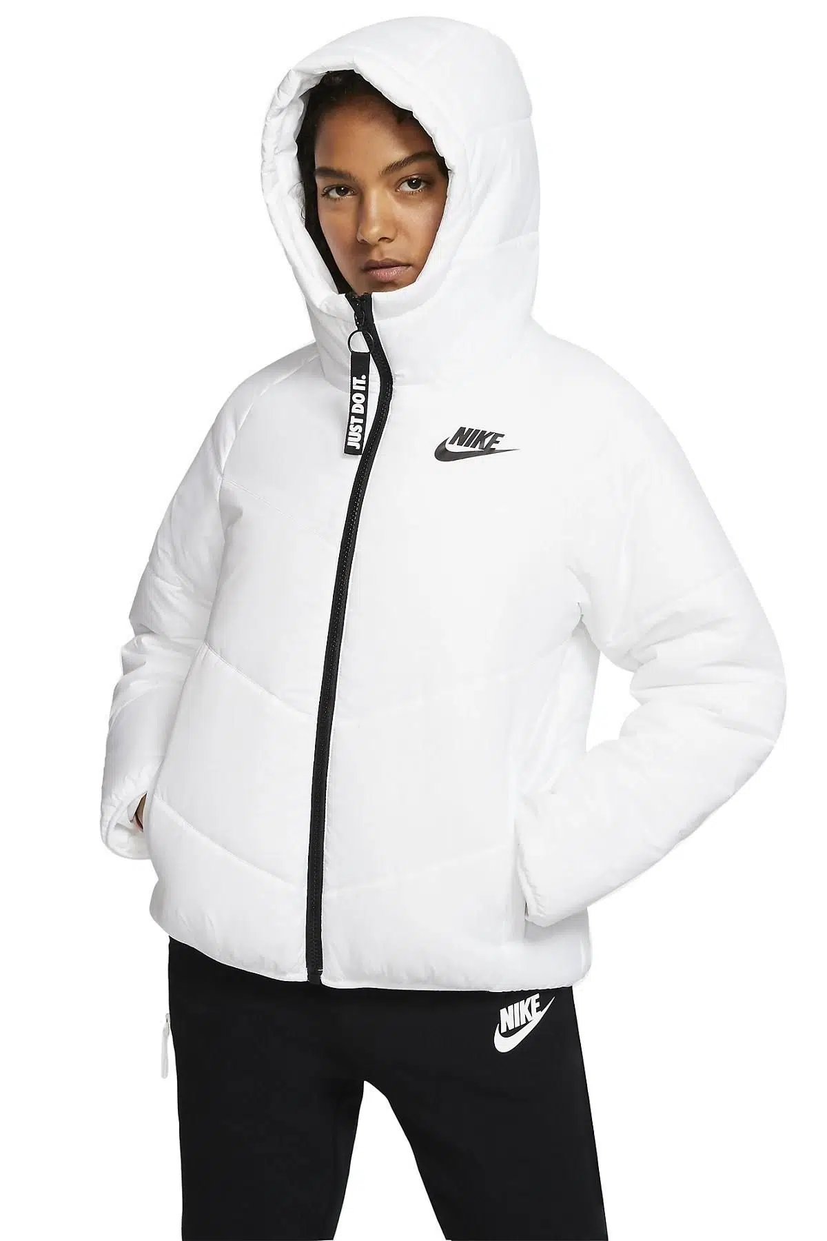 Nike Sportswear Windrunner Bol Kesim Kapüşonlu Hafif Dolgulu Kadın Beyaz Ceket Mont