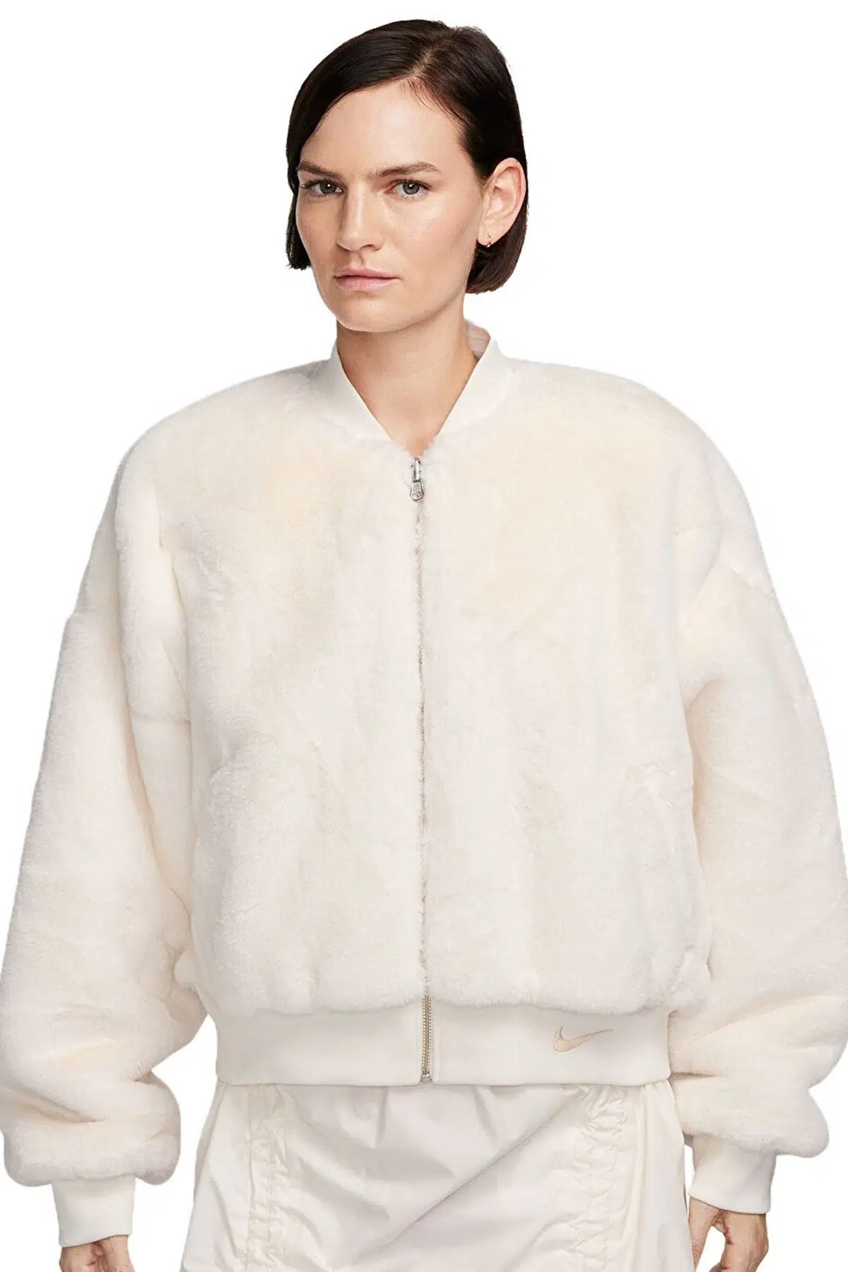 Nike Sportswear Faux Fur Bomber Reversible Oversize Jacket Kadın Oversize Suni Kürk Çift Taraflı Ceket Açık Krem