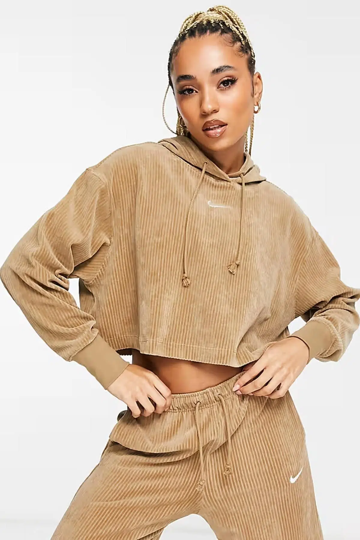 Nike Sportswear Women's Velour Oversize Hoodie Kadın Geniş Kalıp Crop Fitilli Kadife Kapüşonlu Sweatshirt Odun Beji
